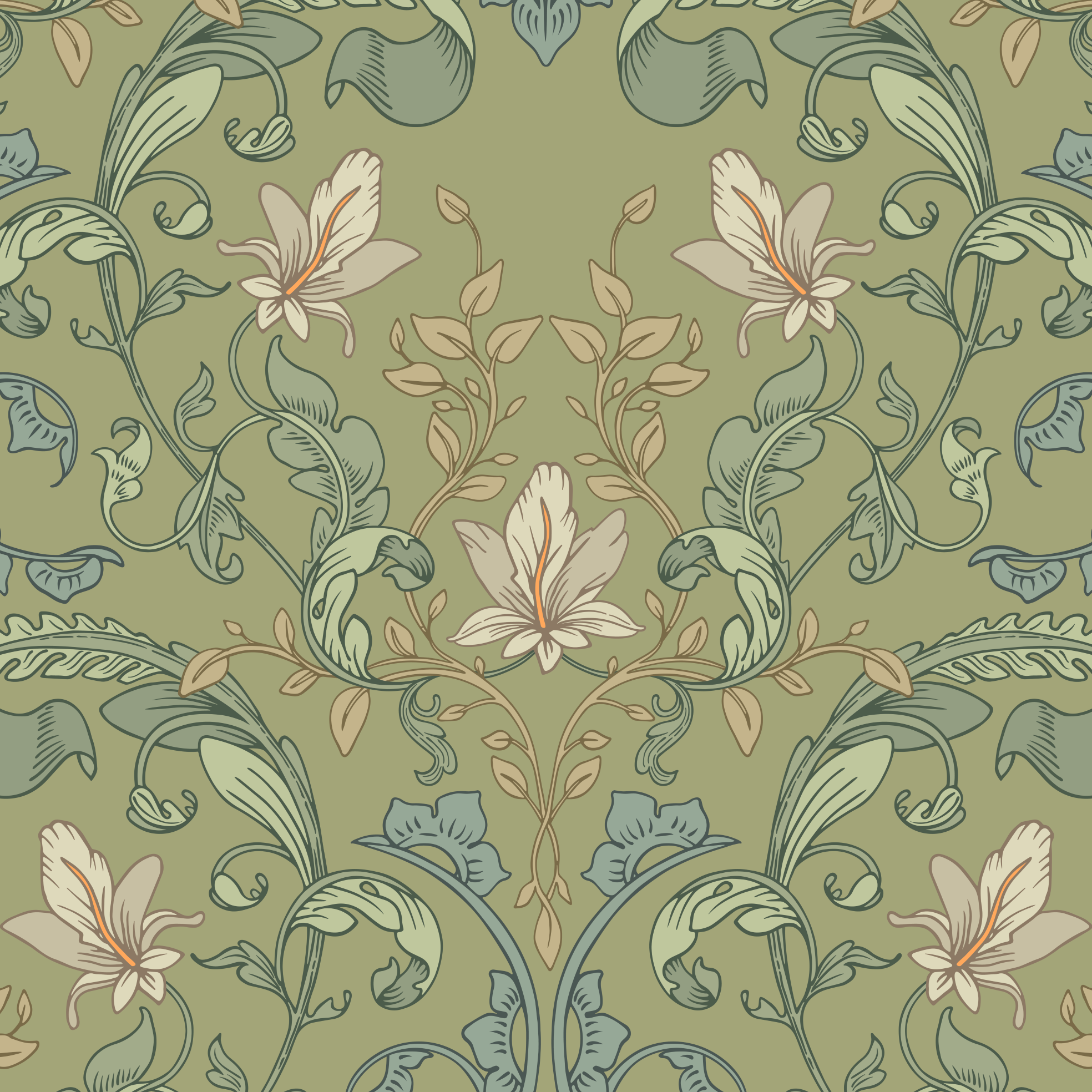 Close-up of Matcha Botanical wallpaper featuring an elegant Art Nouveau floral pattern with sage green vines and ivory blooms.