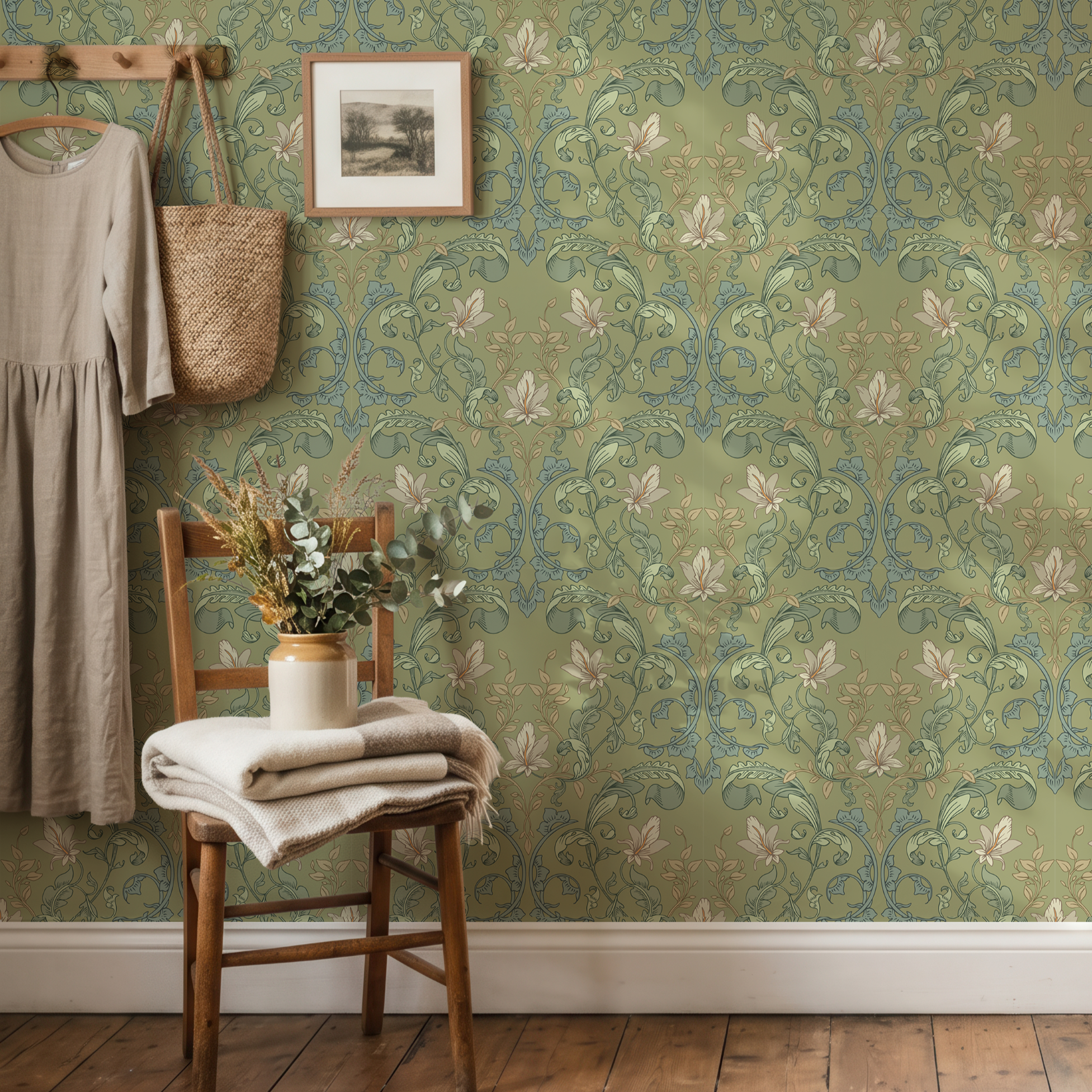 Matcha Botanical wallpaper styled in a rustic bedroom with warm wood furniture and vintage botanical sage green floral wallpaper.