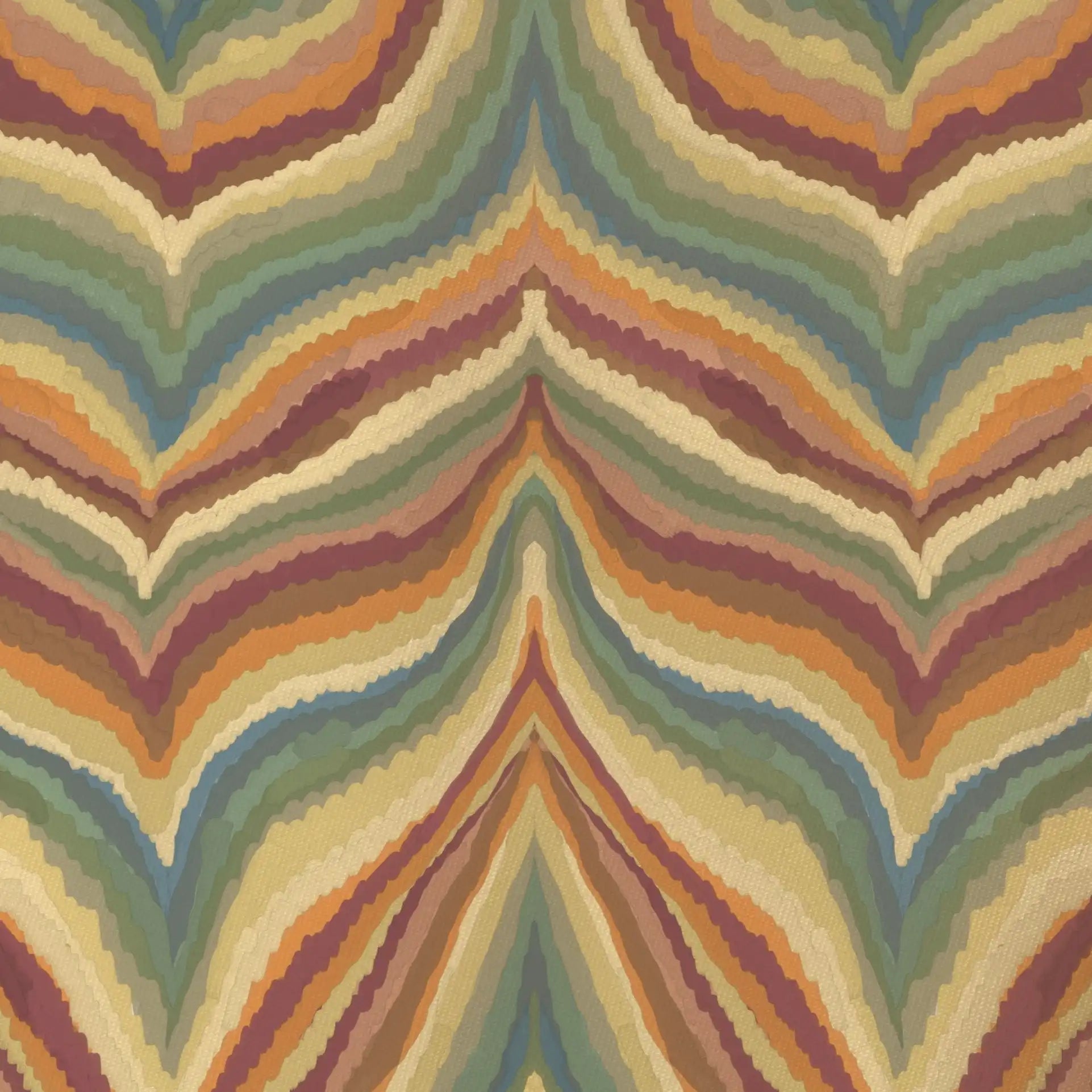 Close-up of Mesa Wave pattern showing retro zigzag design in mustard, sage, rust, blue, and clay tones