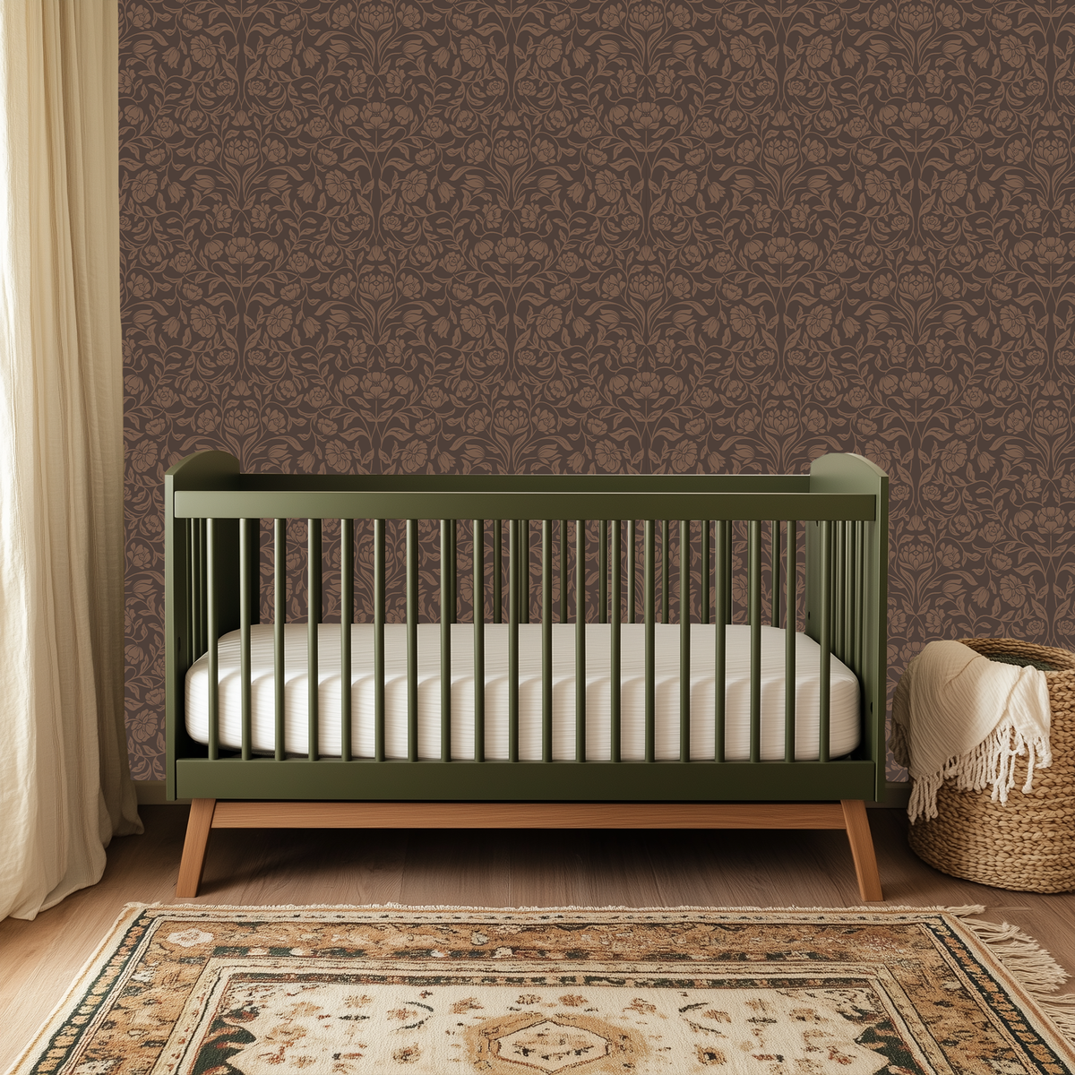 Mocha brown botanical wallpaper in a cozy nursery with olive green crib and vintage inspired decor