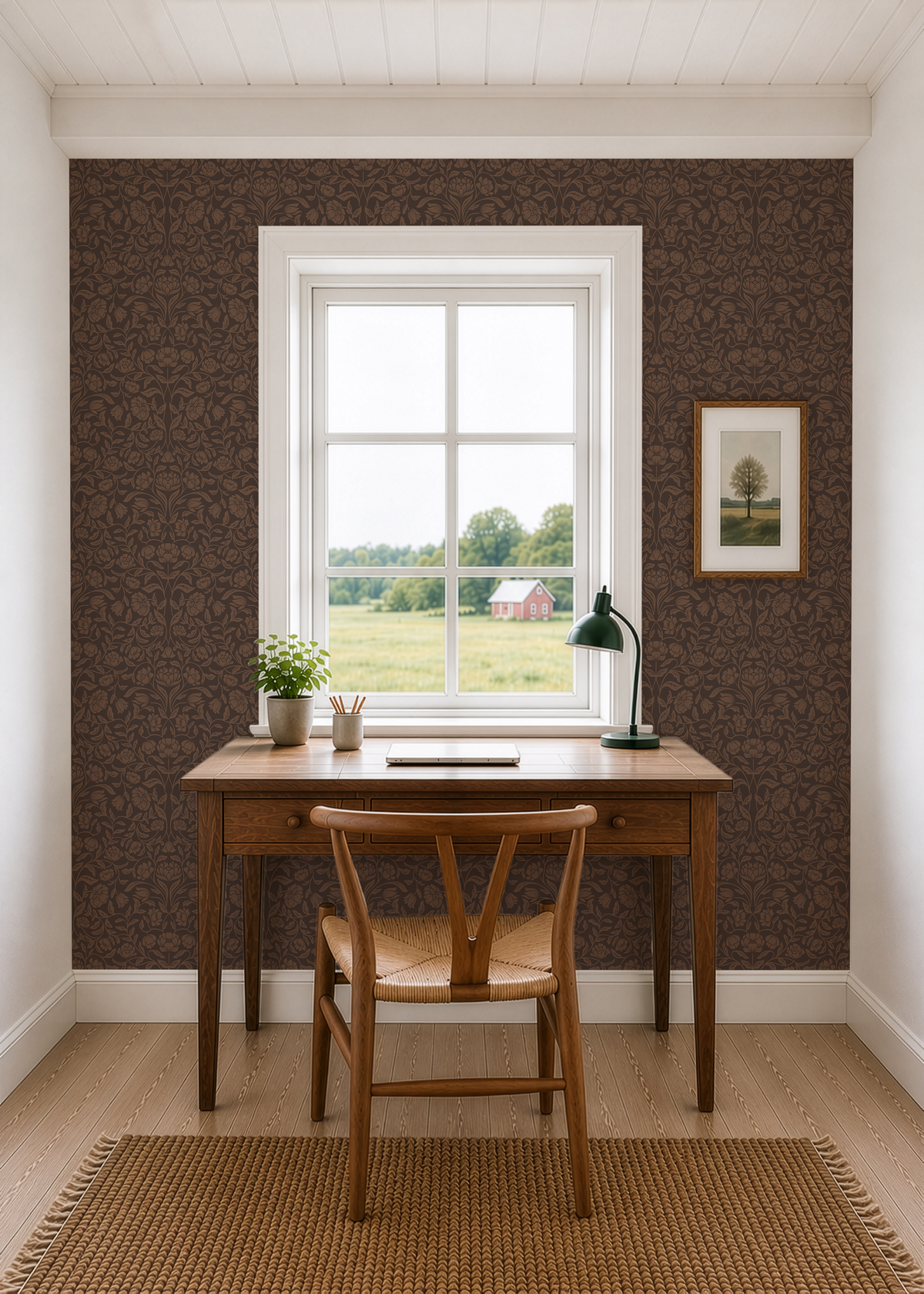 Traditional brown floral wallpaper in a cottage style home office with wood desk and warm neutral decor