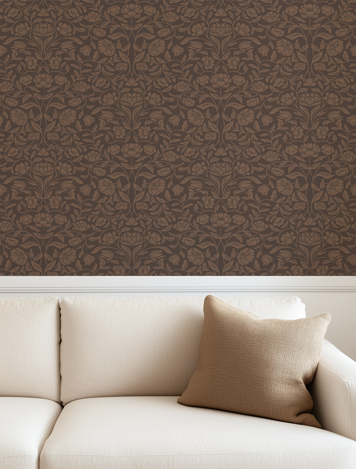 Brown floral wallpaper with vintage tapestry pattern above a cream sofa and white wall molding