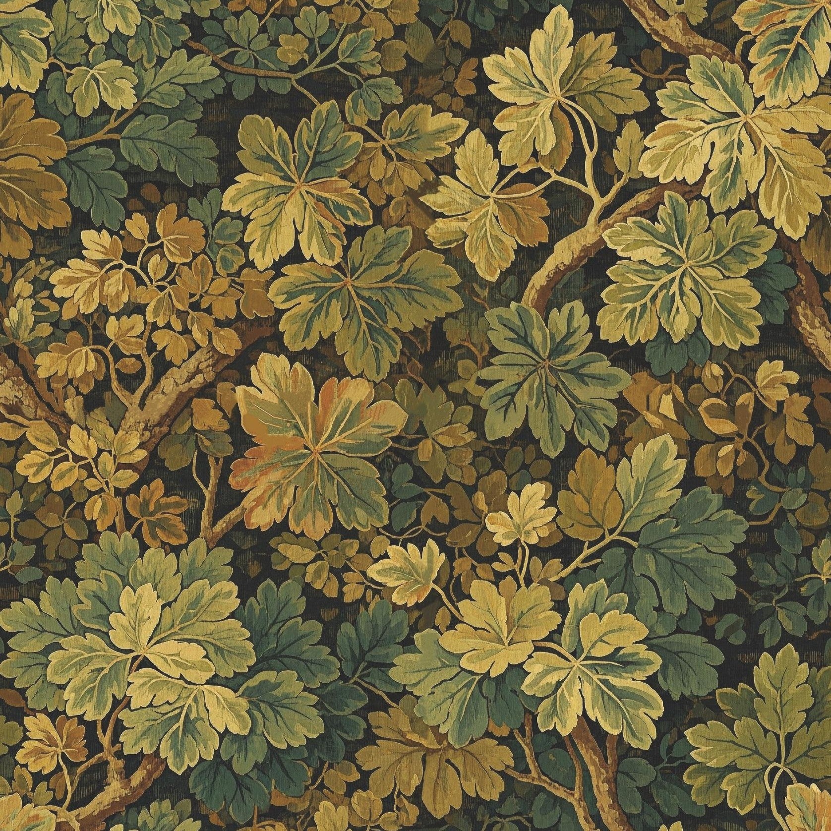 Pattern of green leaves and branches on a dark background