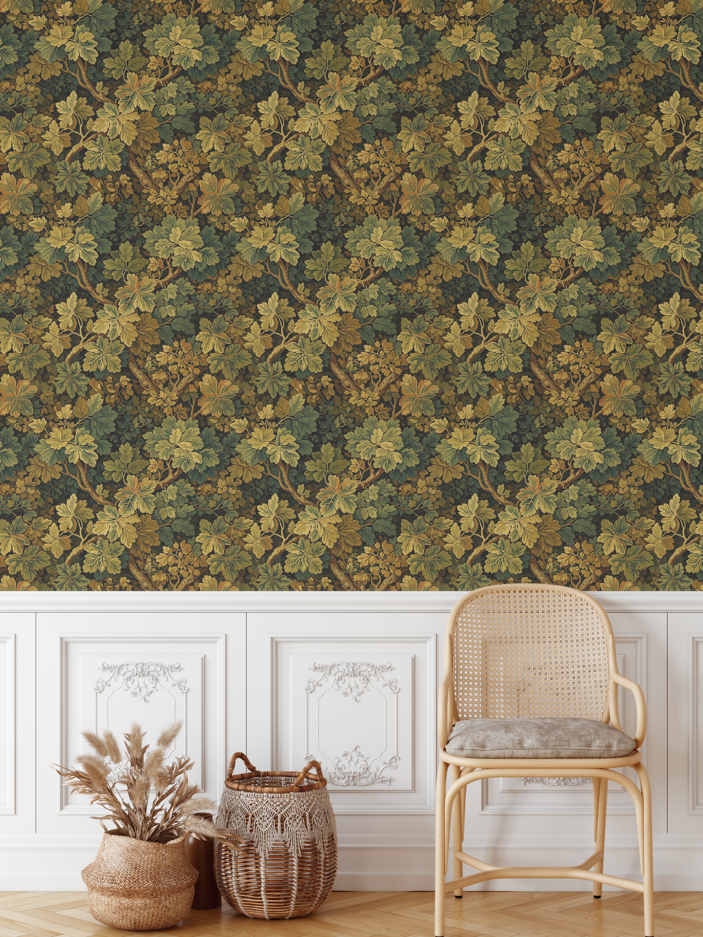Mossleaf removable wallpaper styled above white wall moulding with a cane chair and woven decor.