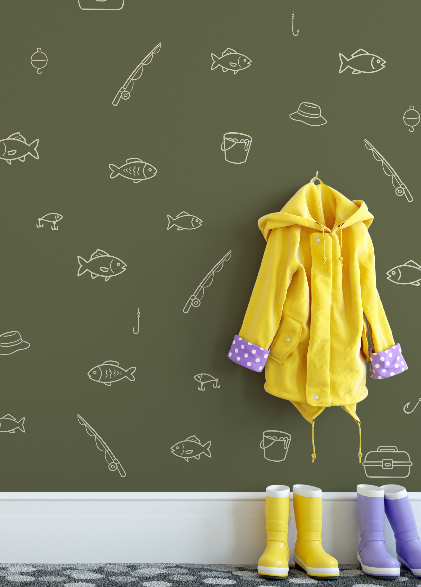 Fishing decals on green wall with yellow raincoat and boots – simple outline fish and fishing gear wall stickers for kids’ mudroom decor.