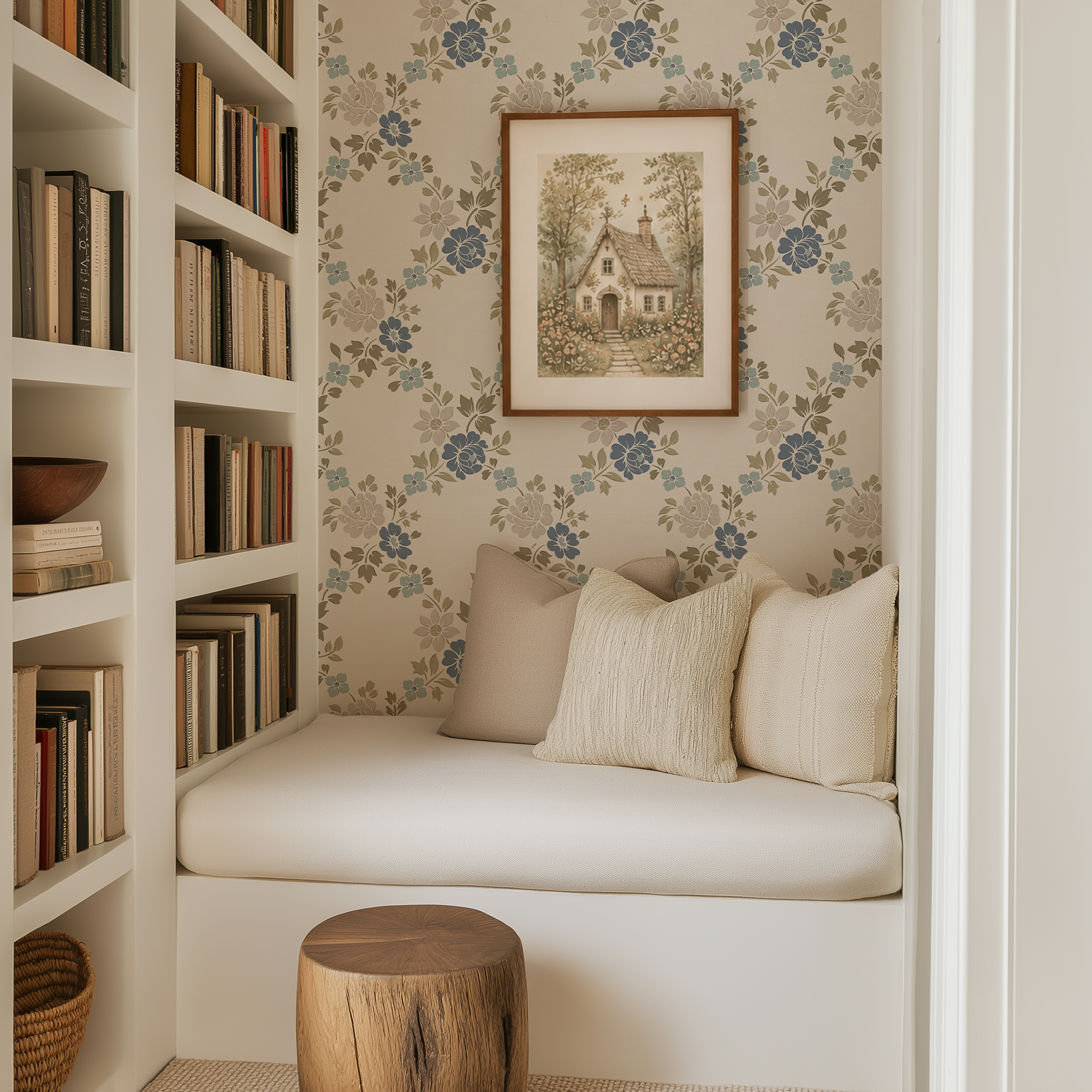 Cozy built-in reading nook featuring blue green trellis floral wallpaper with vintage cottage style and soft neutral decor.