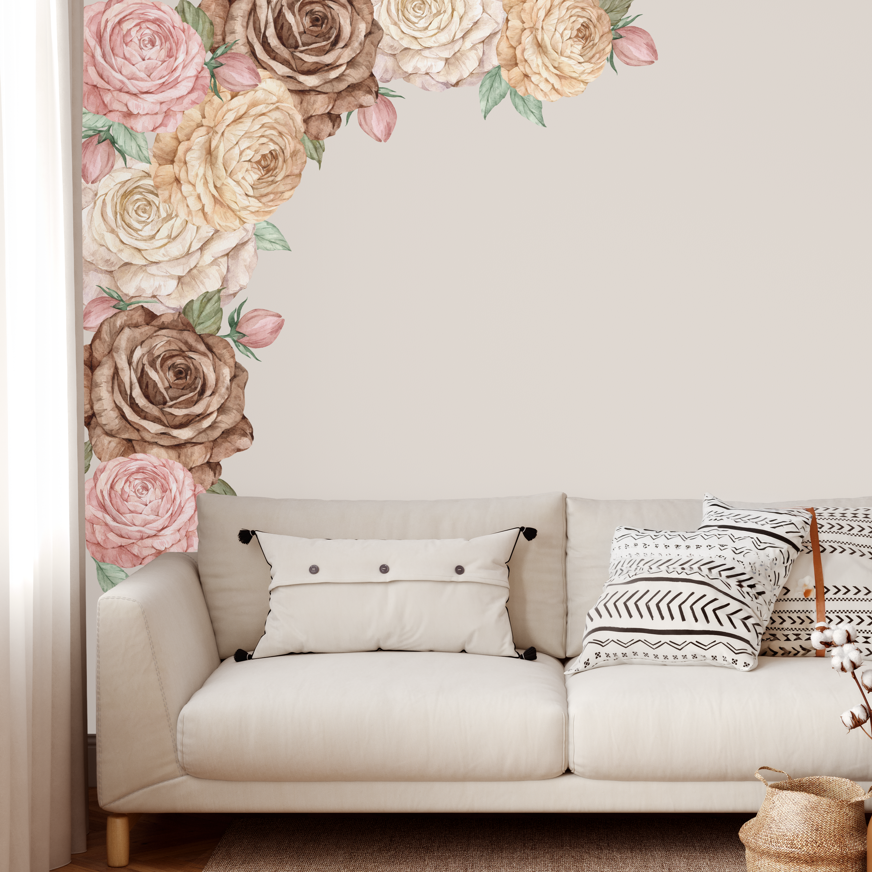 neutral floral wall decals styled in living room corner, large beige and pink roses vertical wall arrangement