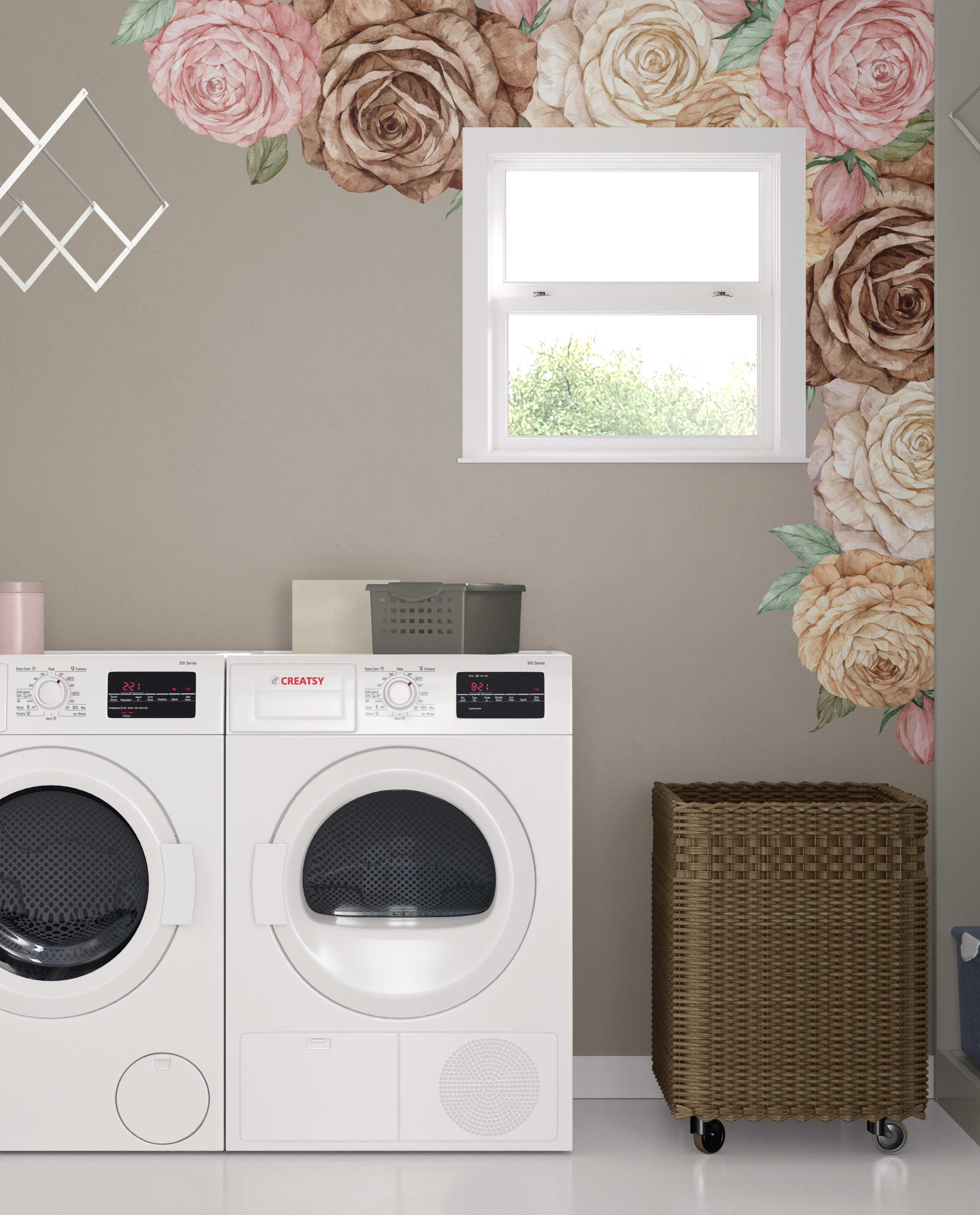 neutral floral wall decals in laundry room, beige and blush rose wall stickers styled around window and washer dryer