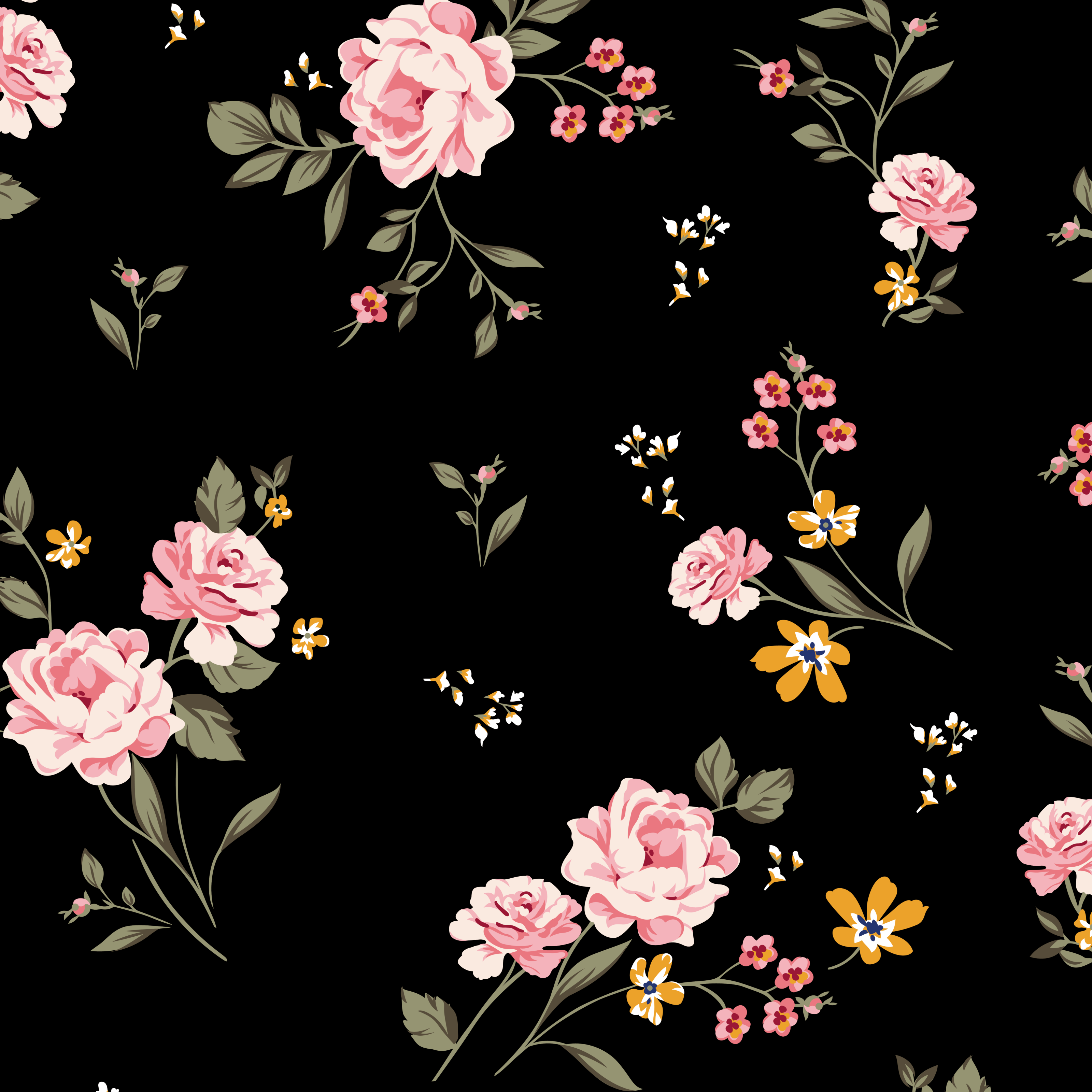 Noir Flower Wallpaper pattern with pink roses, mustard wildflowers and olive green leaves on a deep black background.