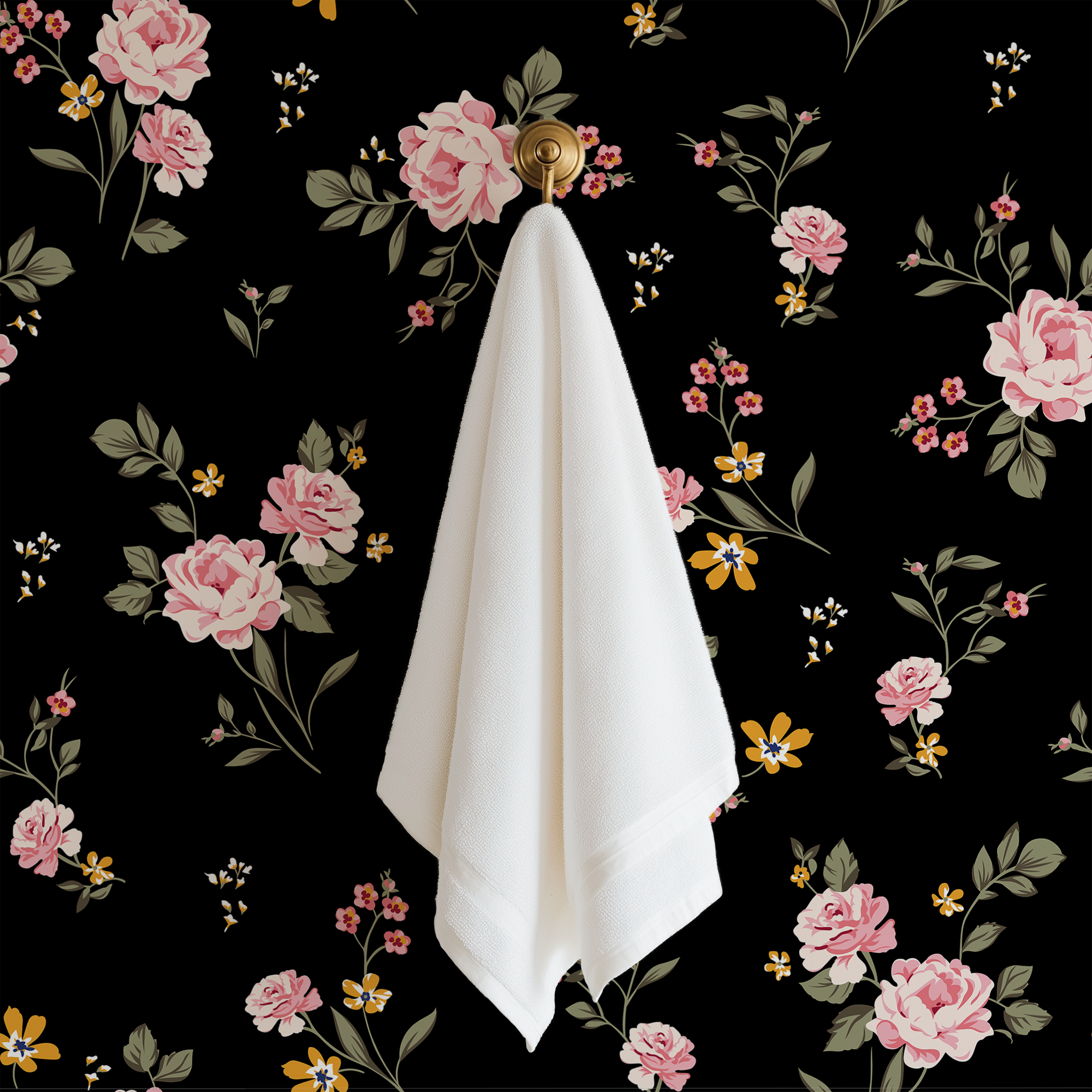 Black floral wallpaper with pink roses and olive greenery styled in a powder room with a white towel and brass wall hook.