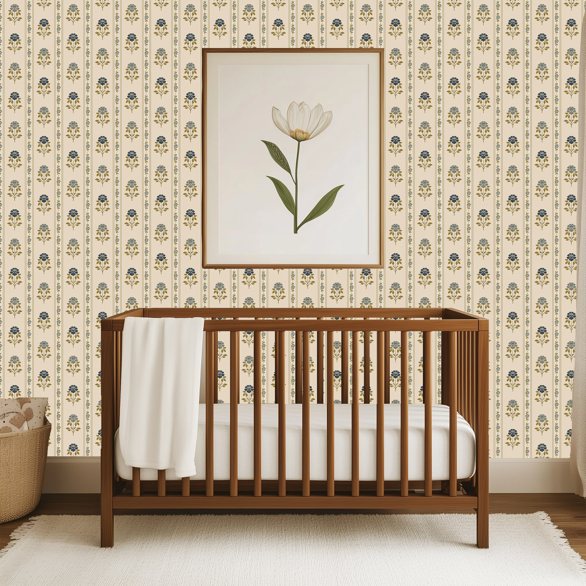 Nordic Bloom Stripe Wallpaper in nursery with wooden crib and vintage blue and green floral stripe wallpaper