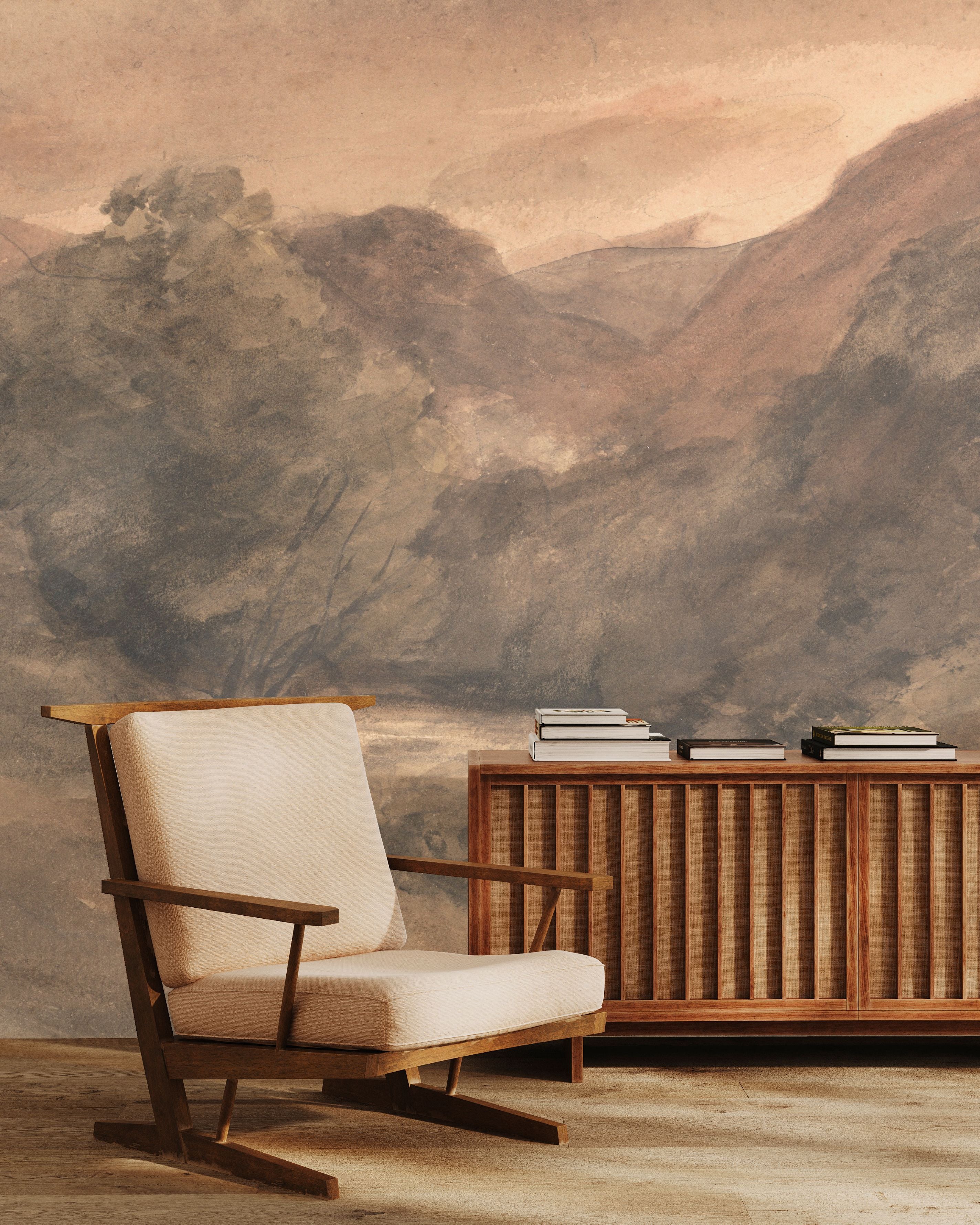 Old world landscape mural with mid-century chair and wooden sideboard