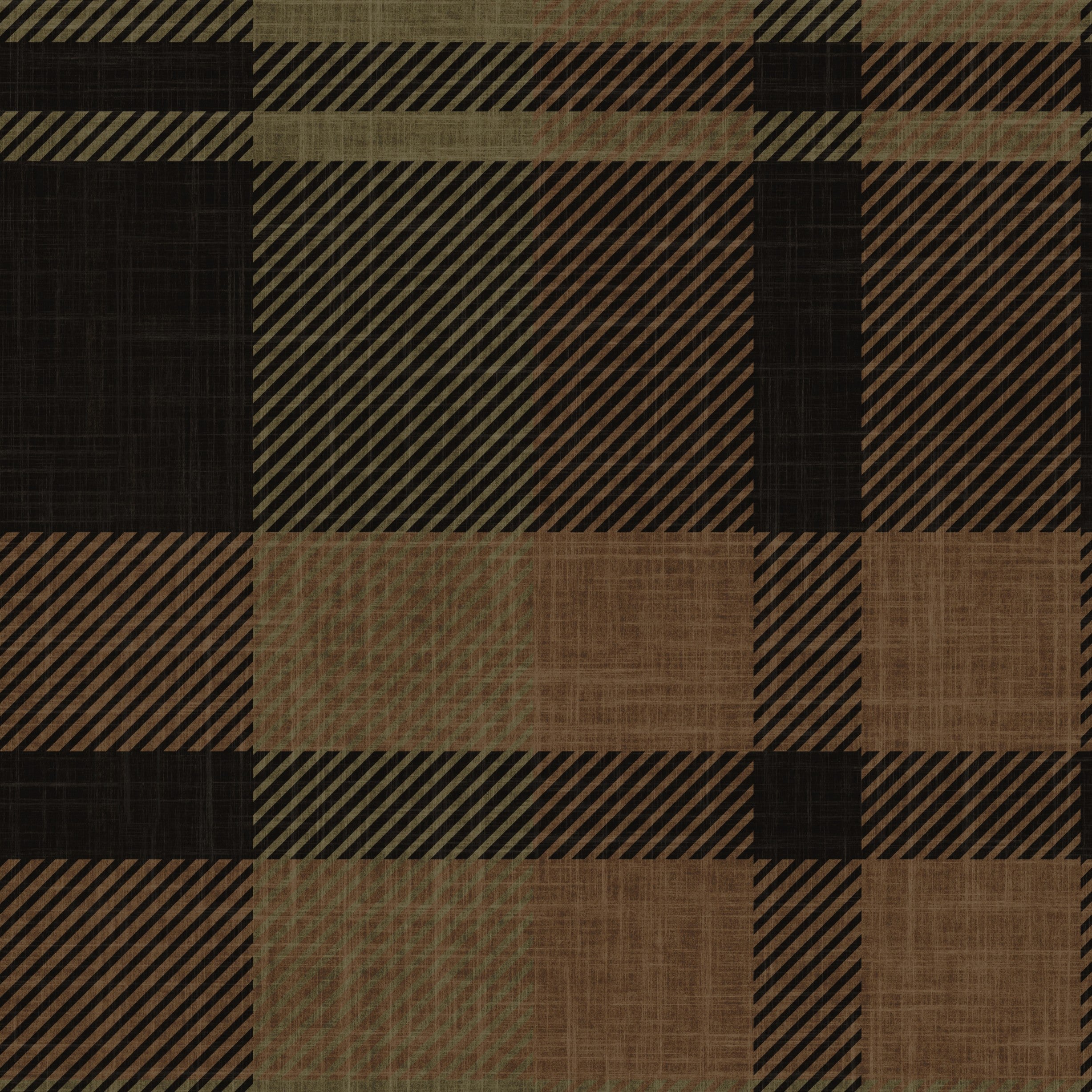 Close-up of olive and black tartan plaid wallpaper showing diagonal lines, woven texture, and rich dark tones.