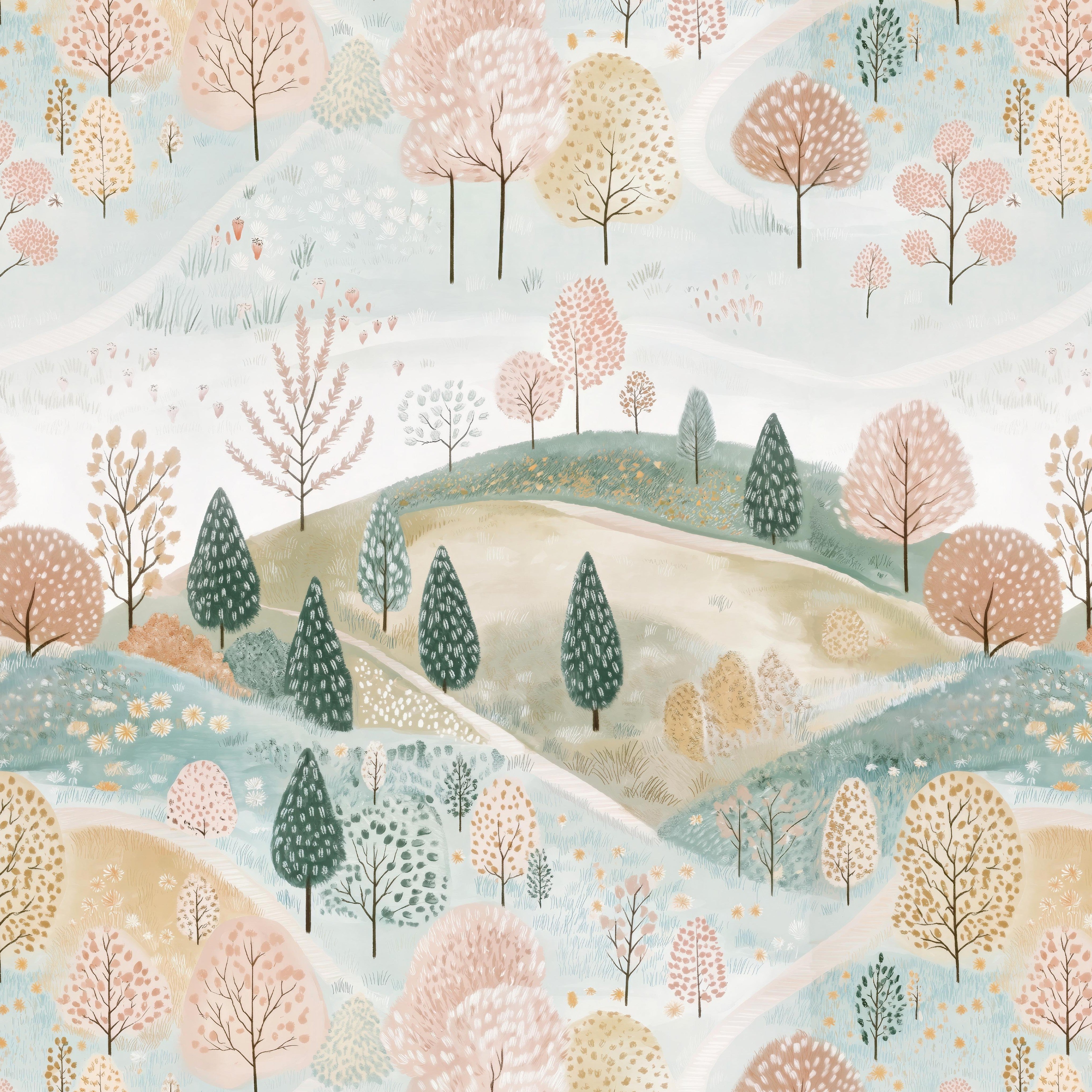 Storybook nursery wallpaper featuring rolling hills and whimsical trees in a soft pink nursery