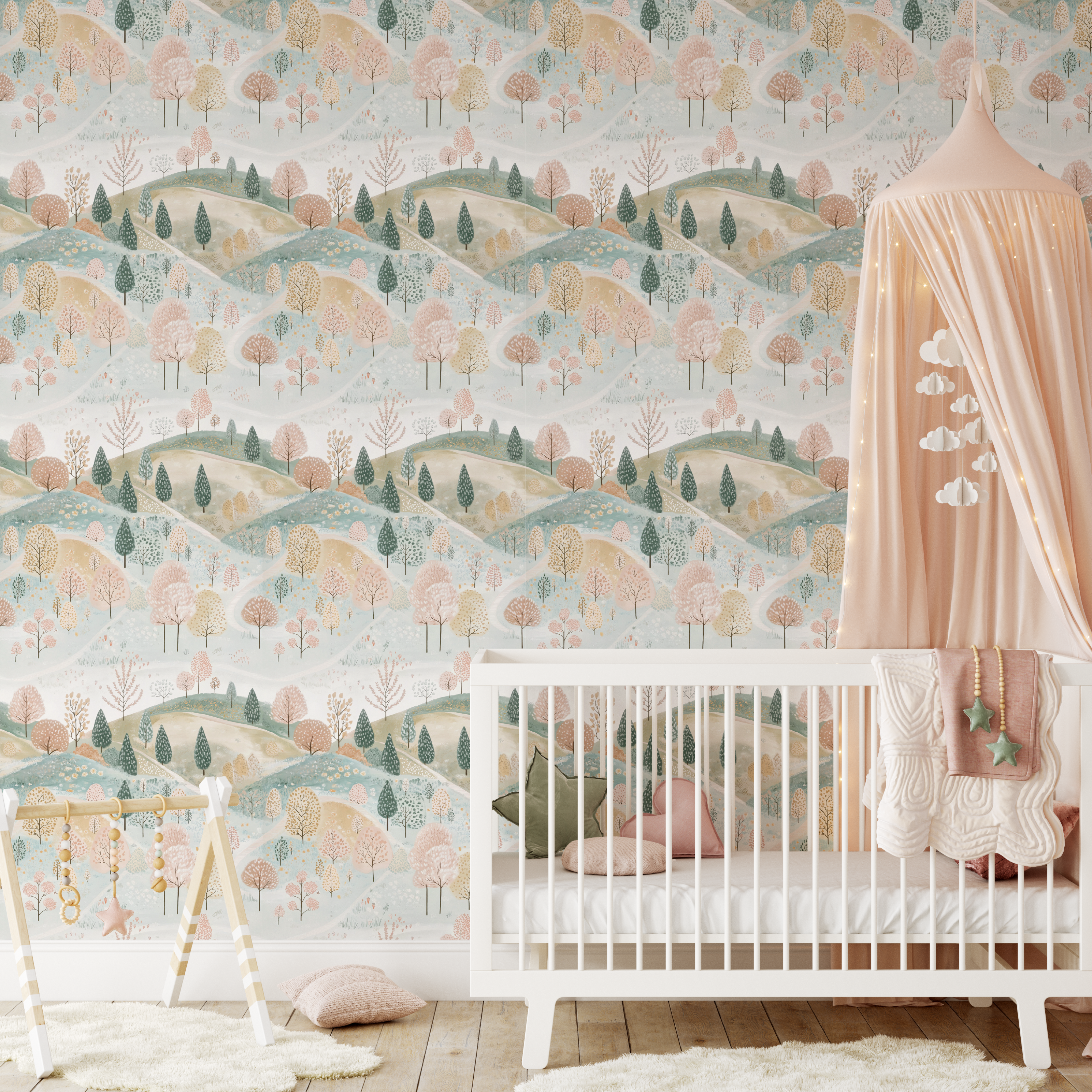 Nursery room with a crib, canopy, and whimsical wall wallpaper.