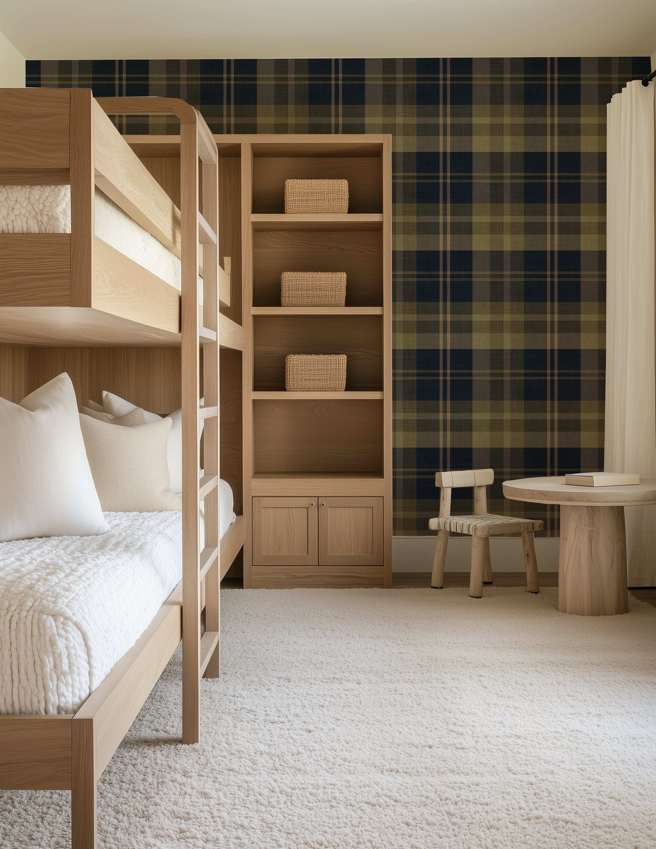 Oxford Plaid wallpaper in a boys bedroom with navy blue and olive green tartan walls and natural oak bunk beds