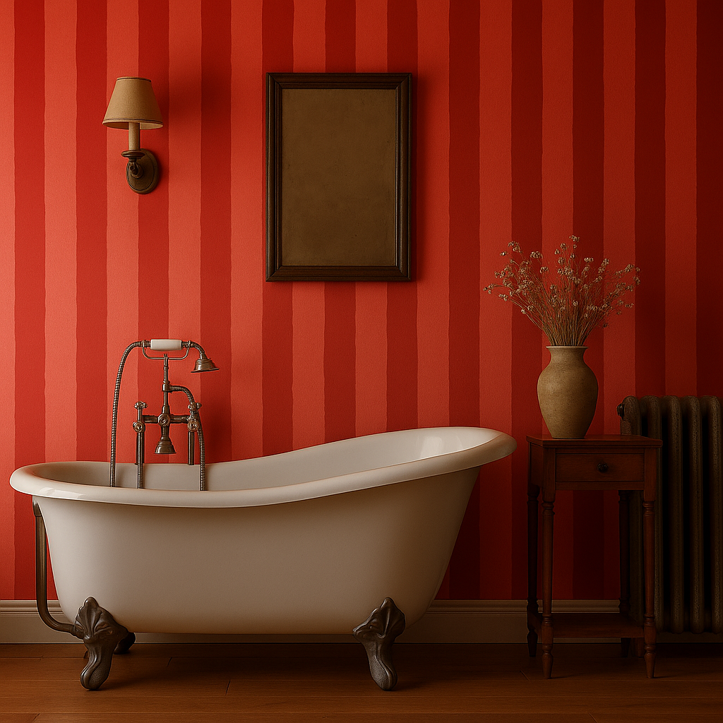 Clawfoot tub bathroom with bold red vertical stripe wallpaper and vintage decor