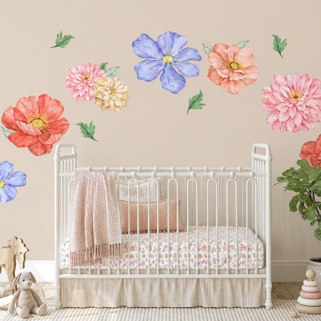 Watercolor flower wall stickers for nursery featuring oversized pink, coral, blue and cream blooms in removable decal set