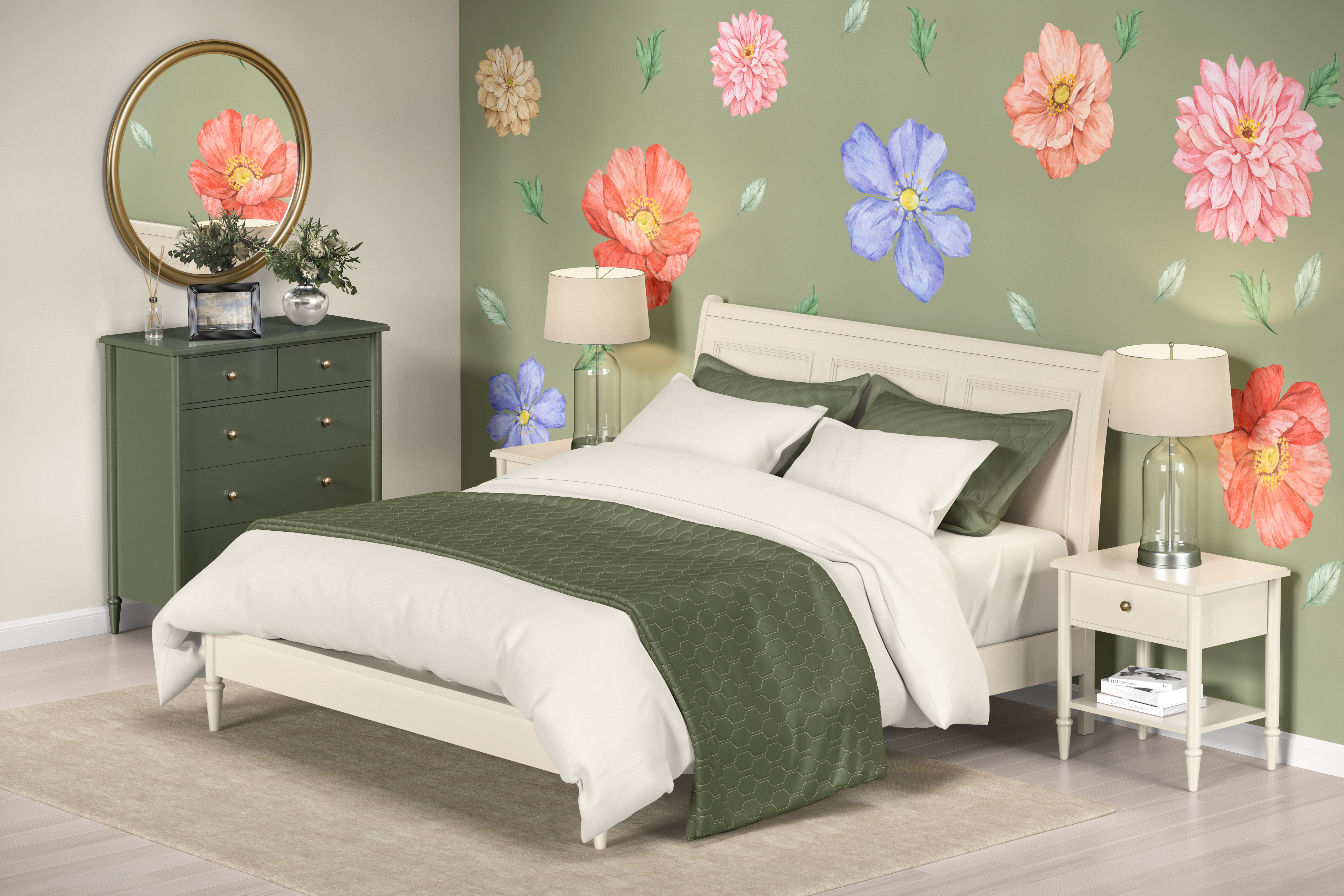 Large watercolor flower wall decals in a sage green bedroom with oversized pink, coral and blue floral wall stickers above bed