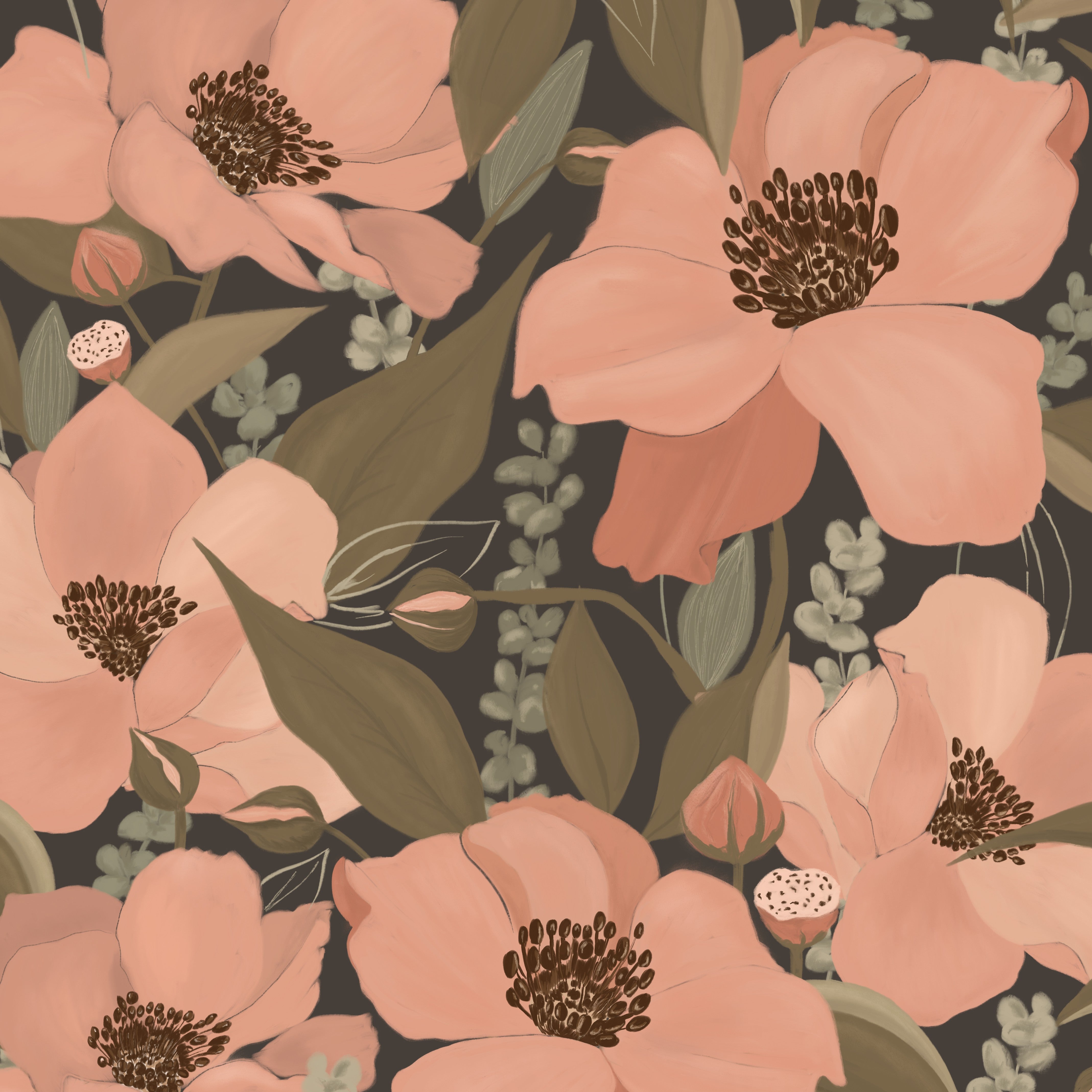 Pattern of pink flowers with green leaves on a dark background