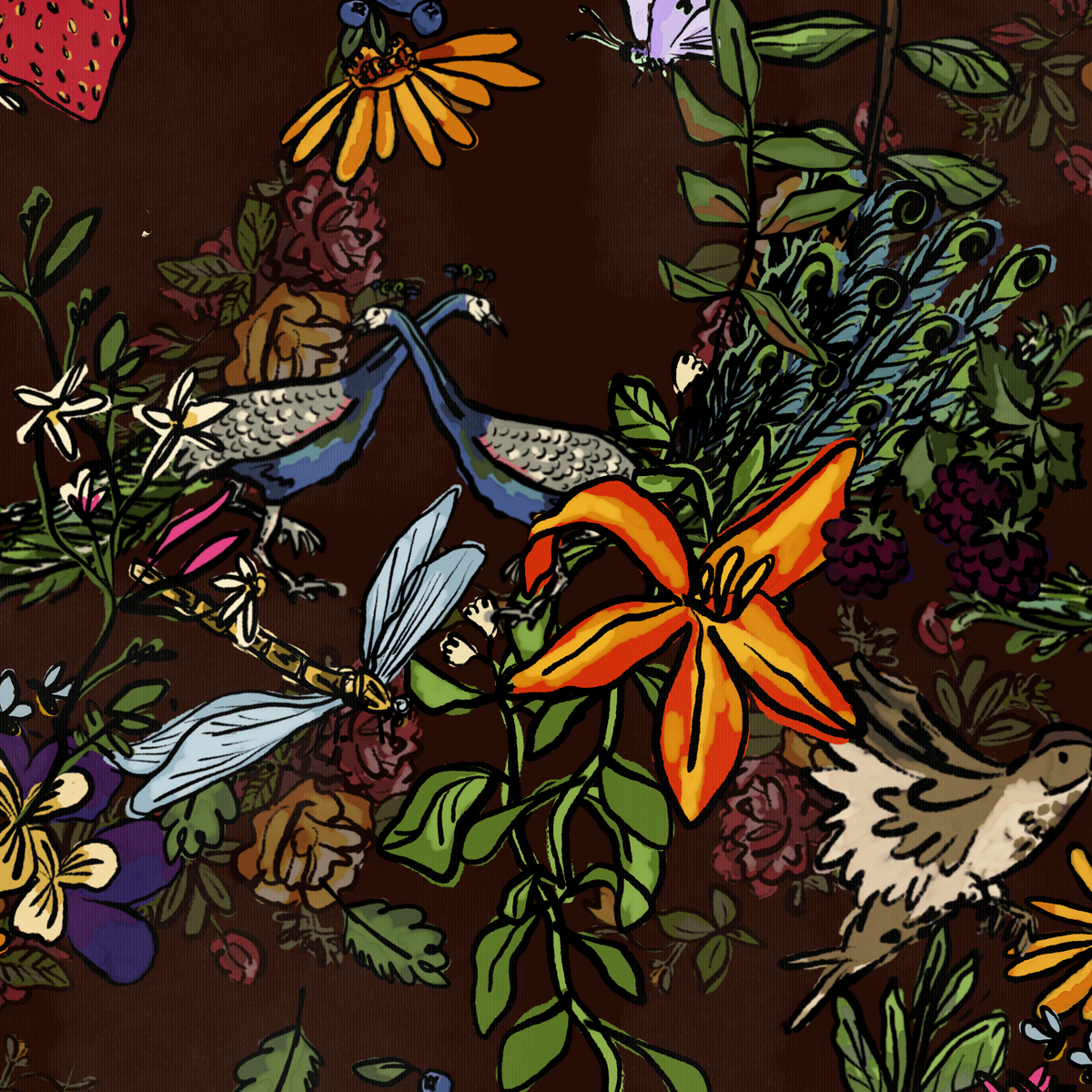 Close-up of Peacock Espresso Wallpaper showing hand-drawn blue peacocks, orange lilies, dragonflies, berries and colorful wildflowers on a deep brown background.