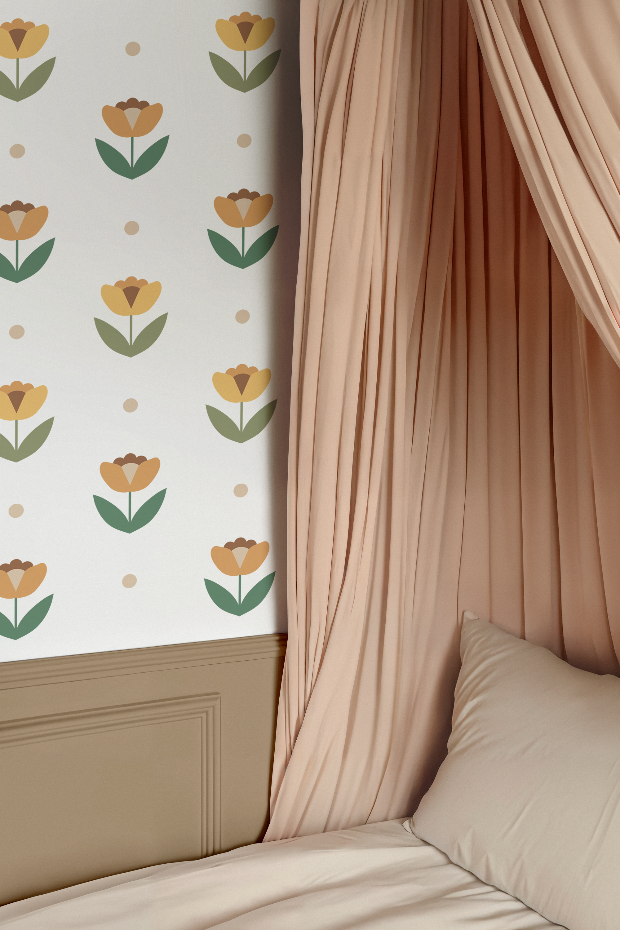 Petal Polka Dot Decals in warm yellow and green floral shapes beside canopy bed