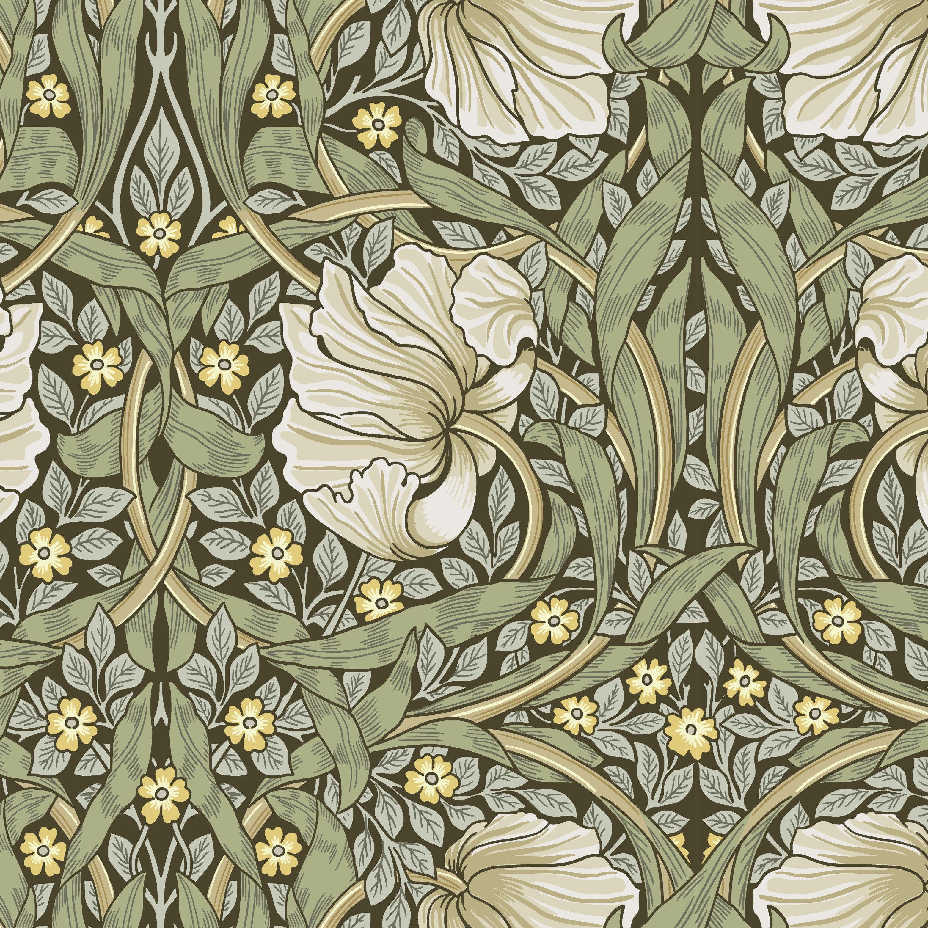 A repeating Arts and Crafts style floral pattern with large cream flowers, olive green leaves, and small yellow blossoms on a dark olive-brown background.