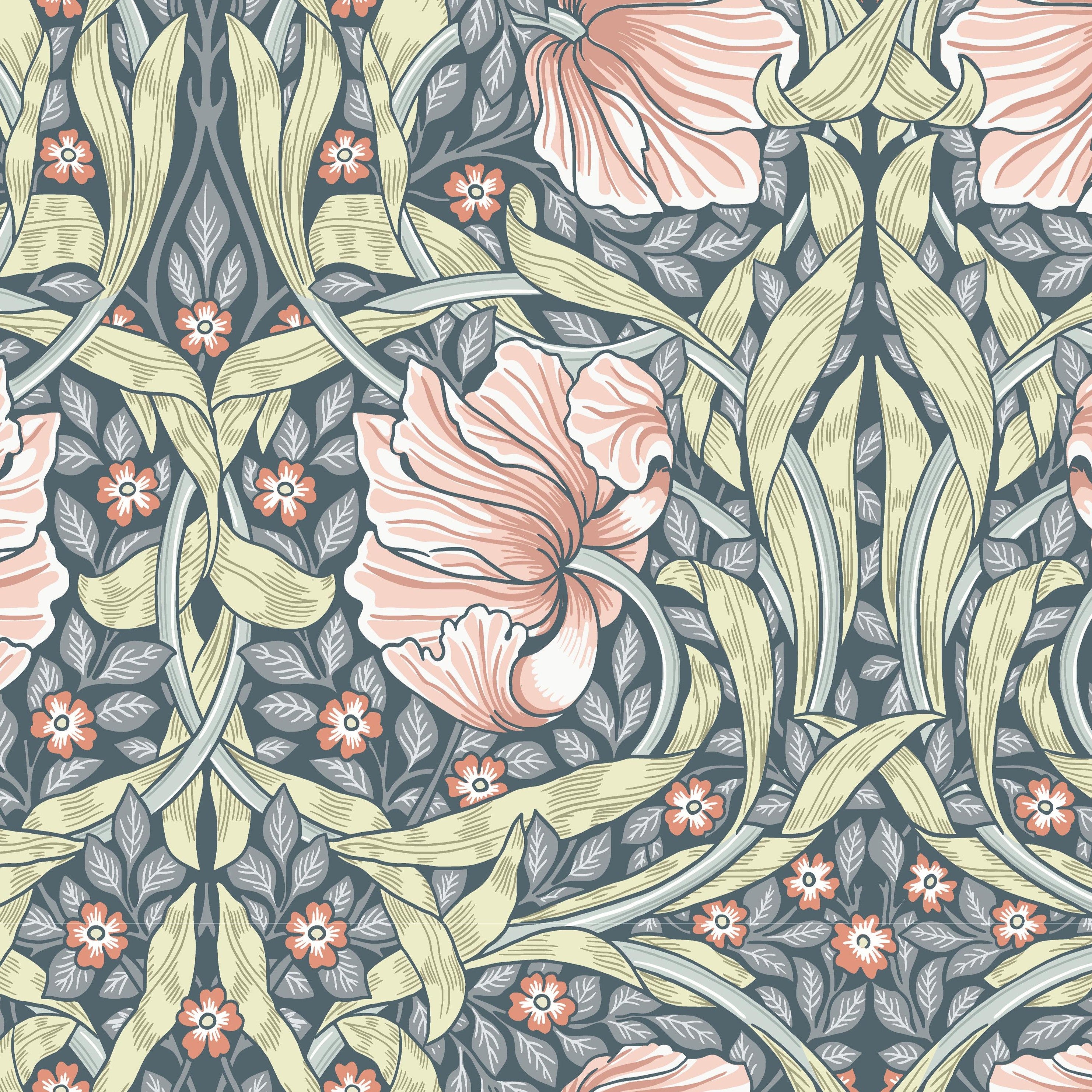 A repeating Art Nouveau style floral pattern featuring large pale pink flowers, small orange blossoms, and elongated cream leaves on a muted blue-gray background.