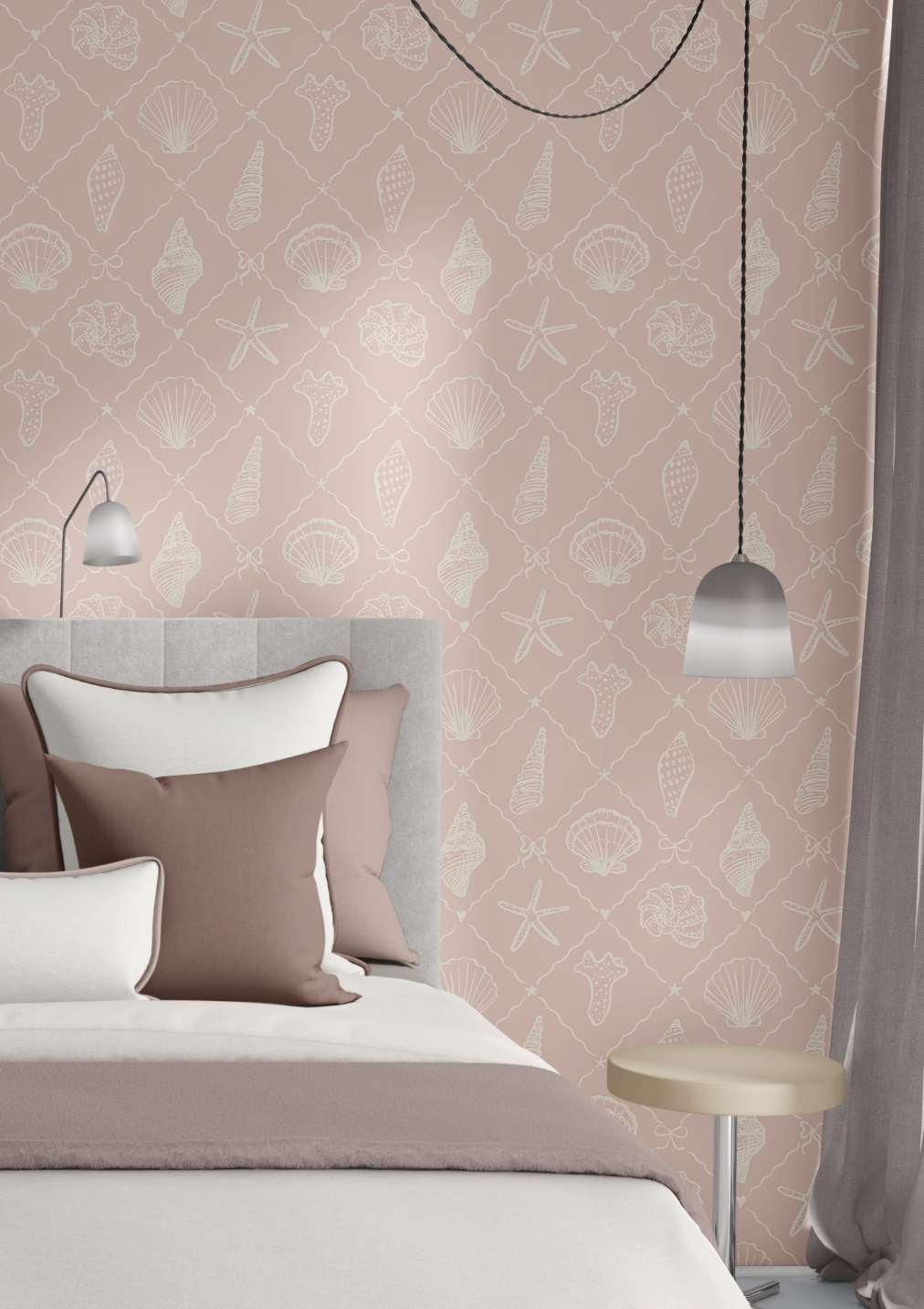 seashell wallpaper accent wall with modern bedroom styling, blush coastal wallpaper with soft neutral tones