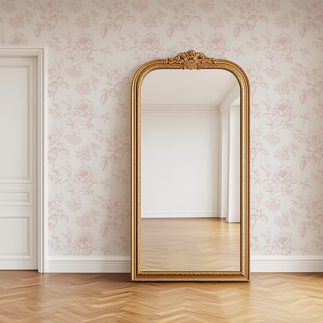 Vintage pink flower toile wallpaper with ornate gold mirror and elegant French-inspired interior styling