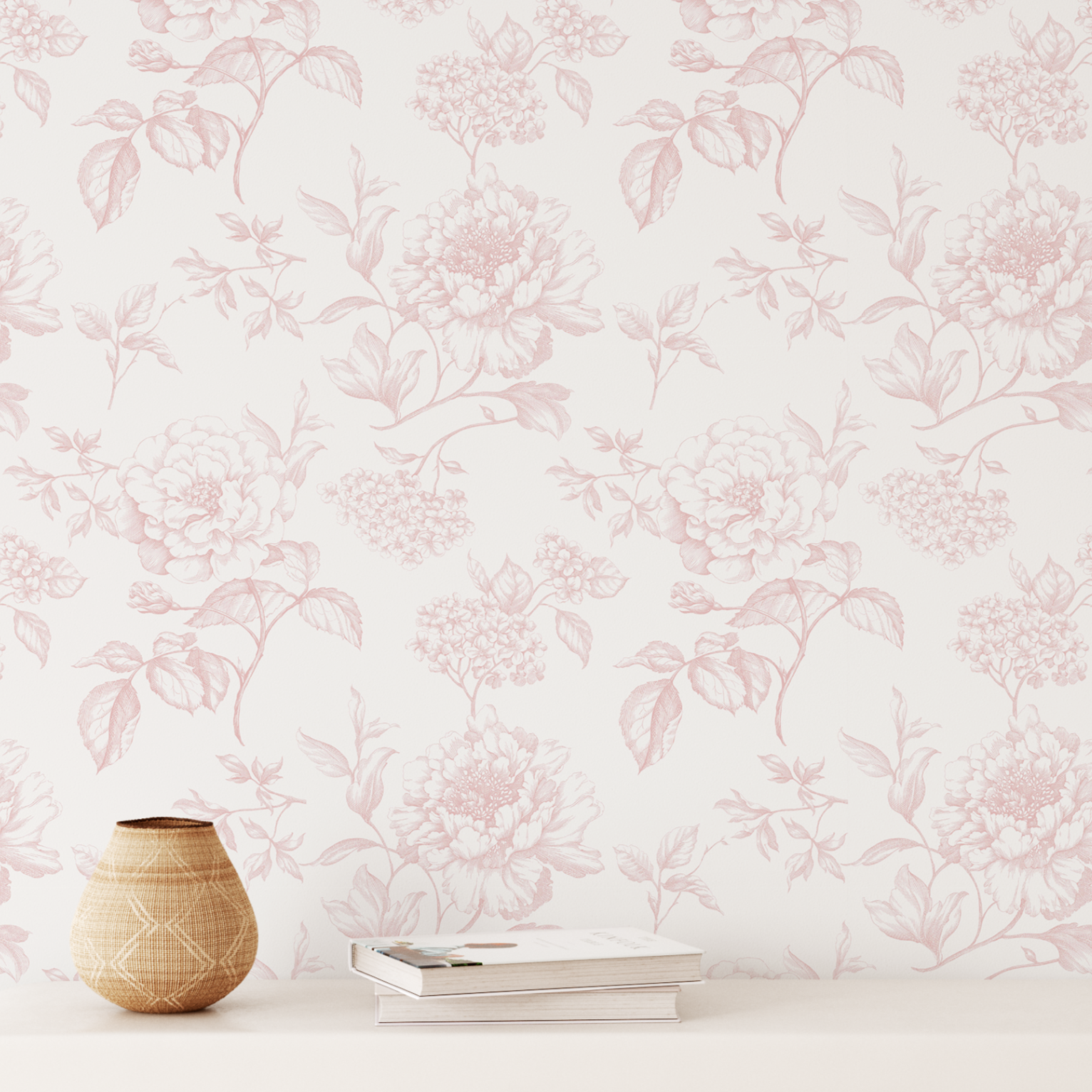 Soft pink floral toile wallpaper pattern with vintage peonies and botanical sketch detailing
