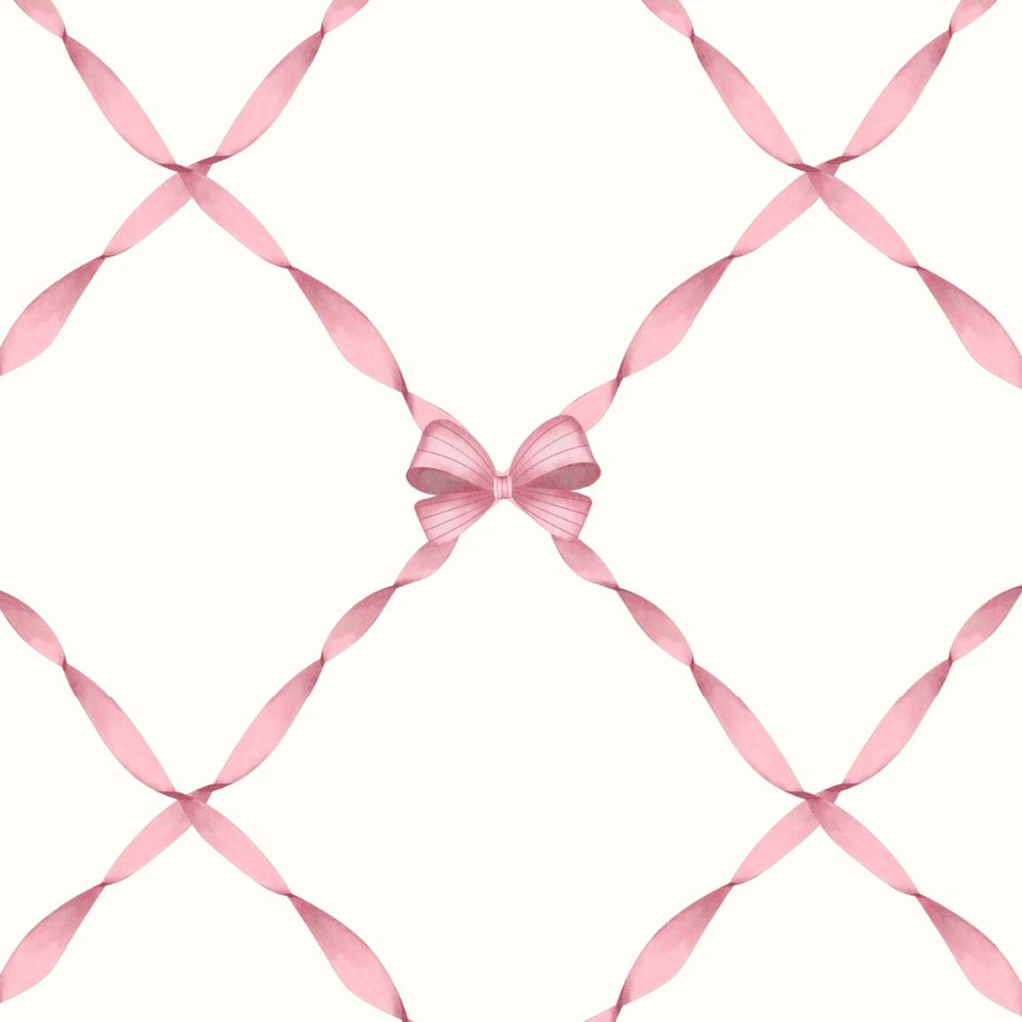 Close up of pink watercolor ribbon lattice wallpaper sample showing bow detail and customizable neutral background