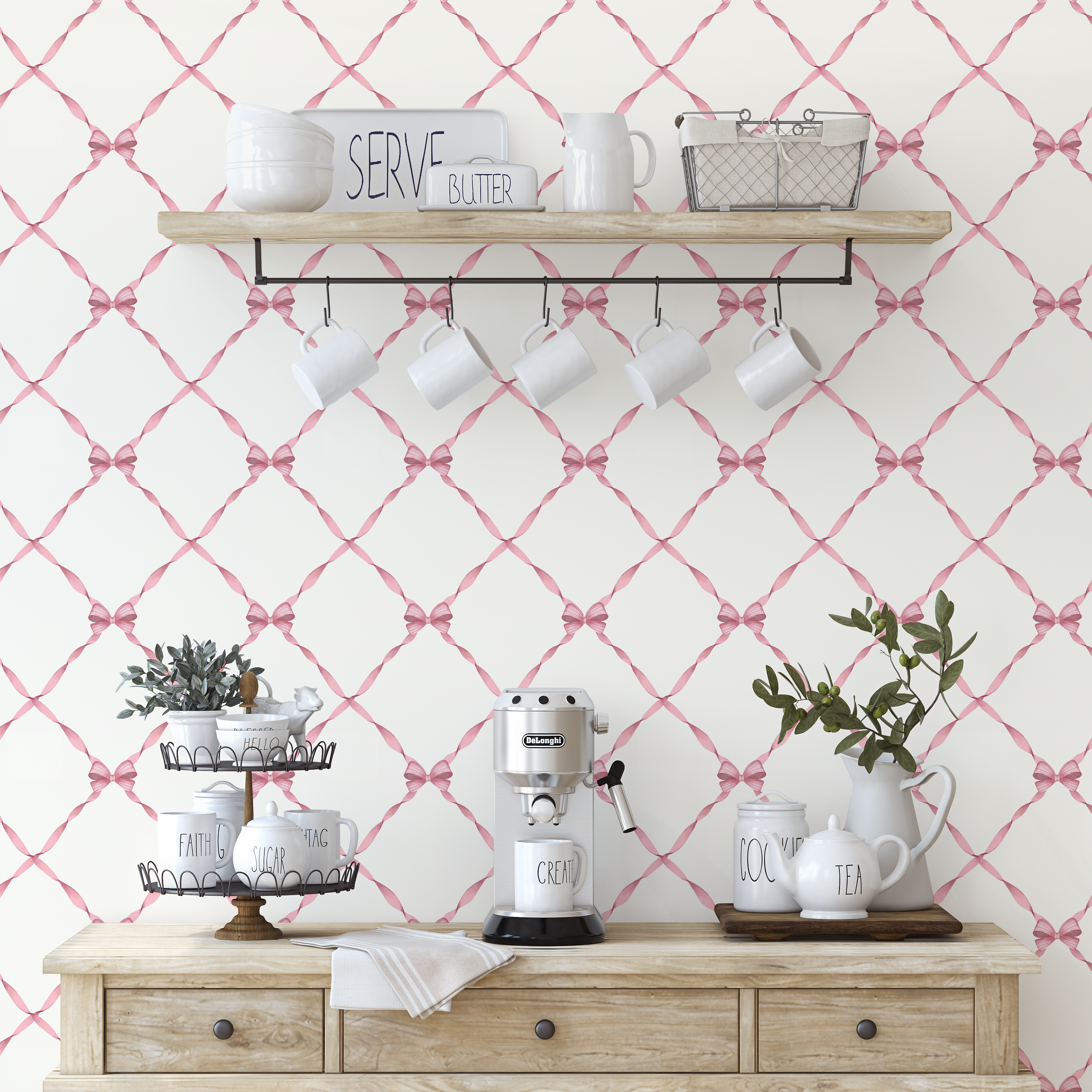 Pink bow trellis wallpaper styled in kitchen with wood shelf and coffee station, ribbon lattice pattern on customizable background