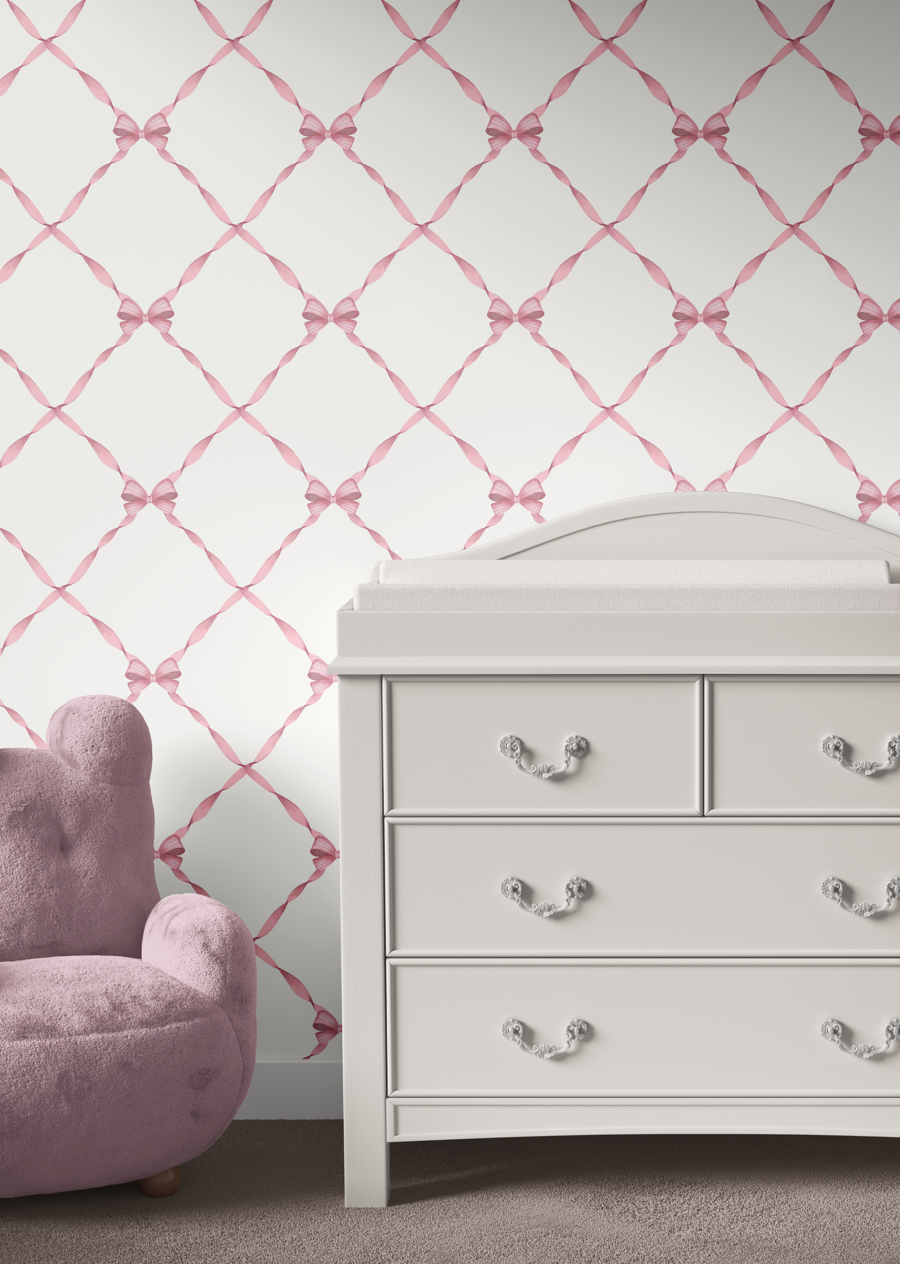 Pink ribbon lattice wallpaper in a girls nursery with white dresser and blush chair, bow trellis wall decor with soft neutral background