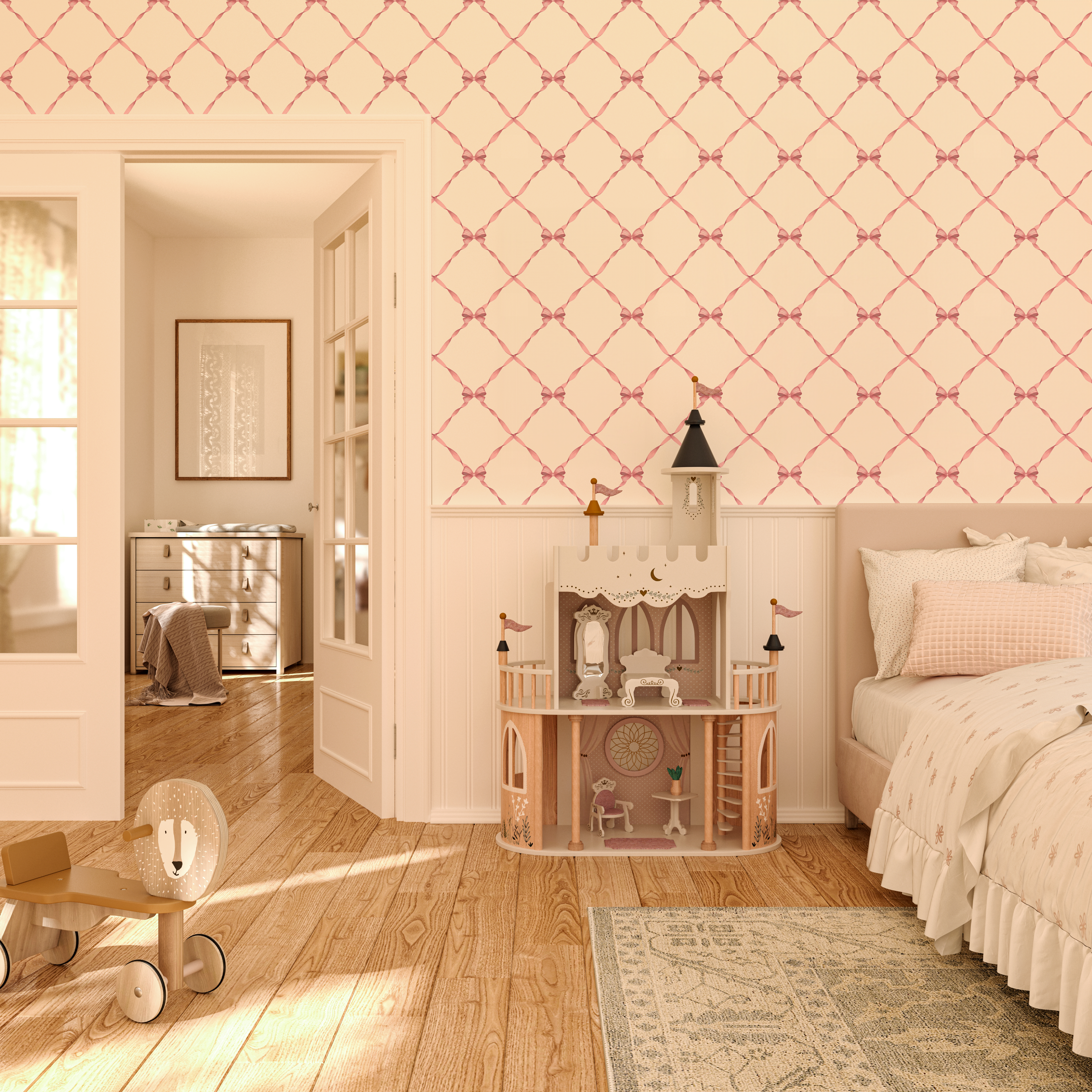Coquette pink ribbon wallpaper in traditional girls bedroom with dollhouse and soft beige background, feminine lattice bow pattern