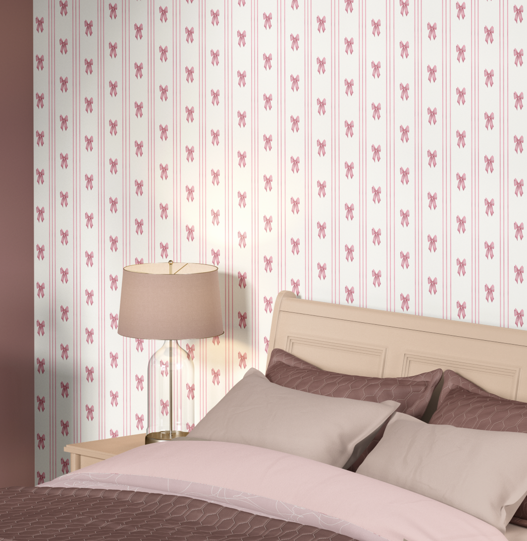 Pink bow stripe wallpaper styled in classic bedroom with beige bed and soft mauve accents