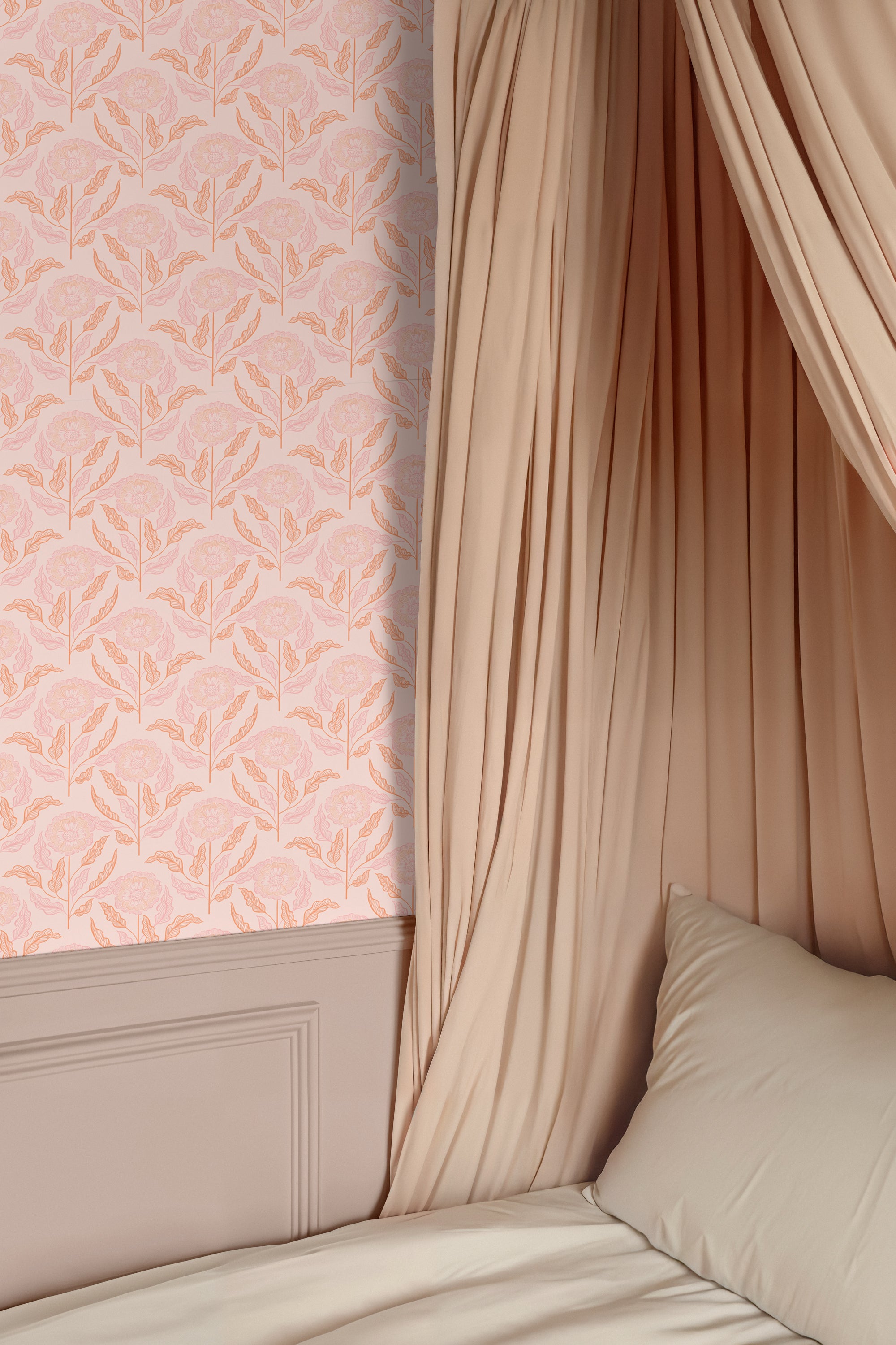 Bloomfield wallpaper behind canopy bed in soft peach and blush tones