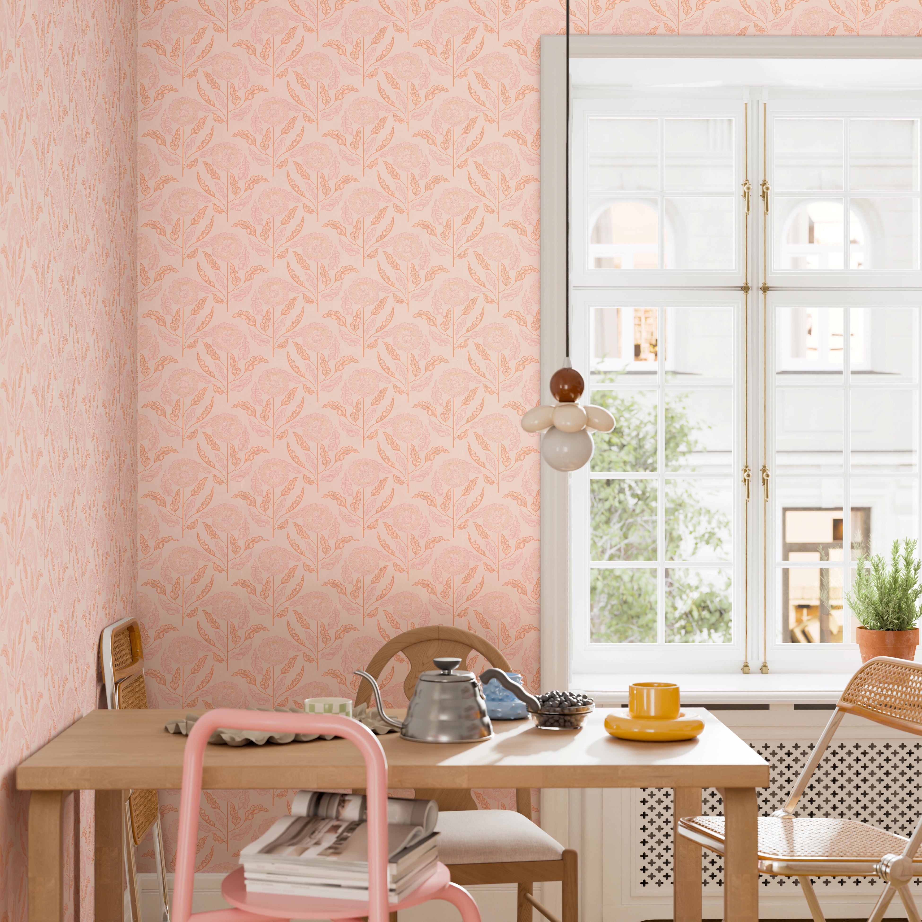 Pink and orange floral wallpaper in bright Scandinavian-style kitchen with window