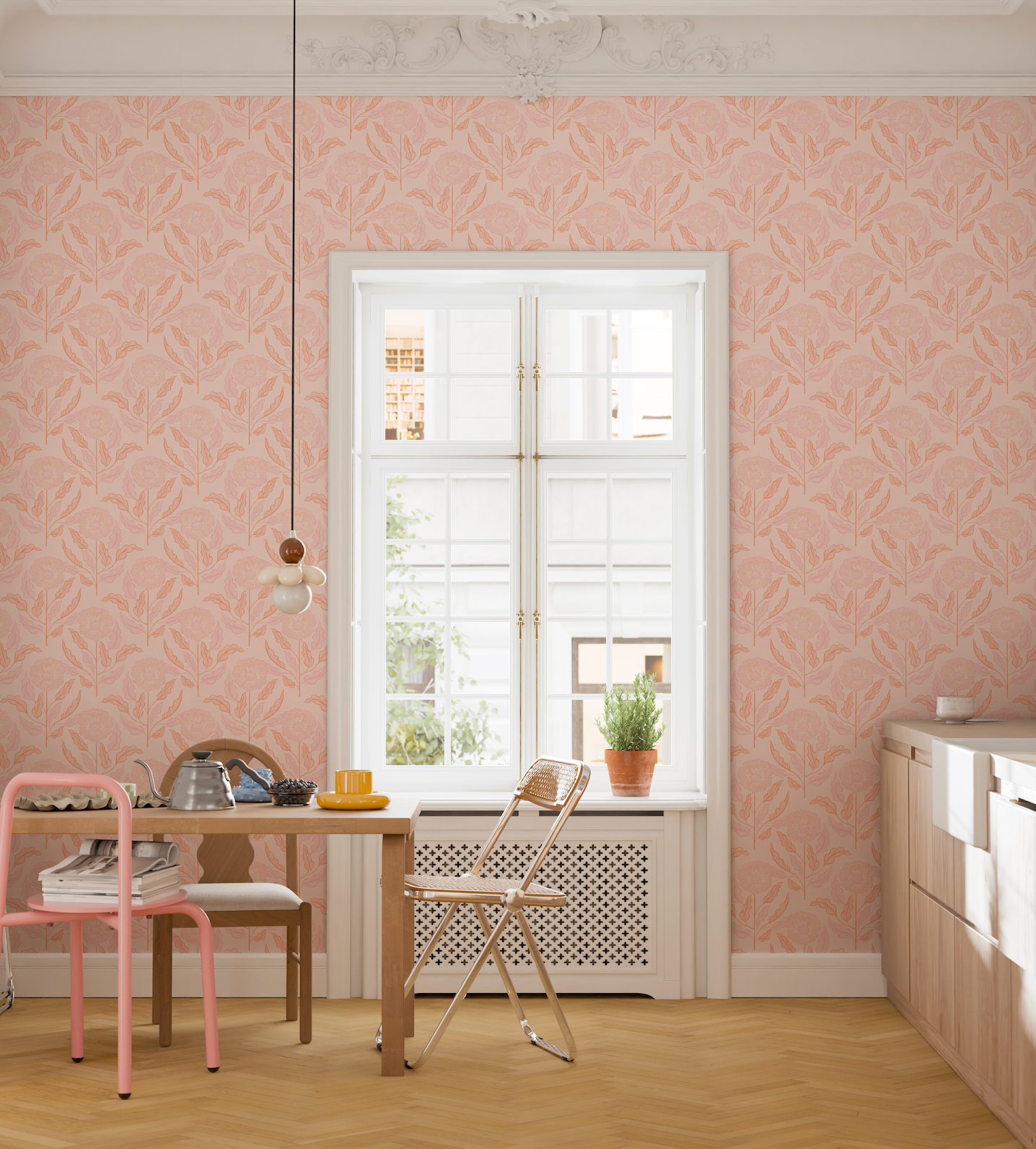 Full wall view of Bloomfield wallpaper in light-filled dining nook with natural wood table