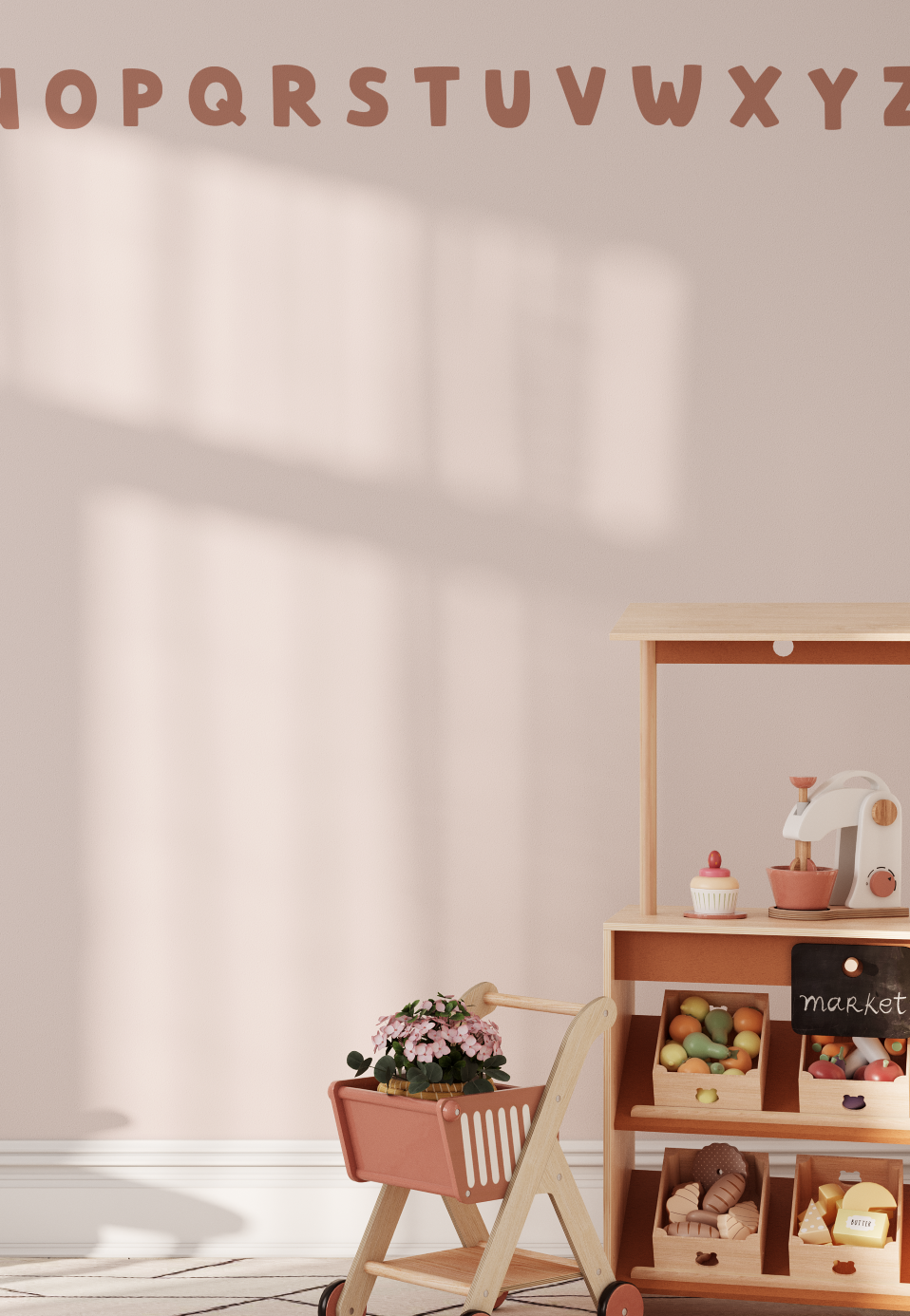 Full A to Z bubble alphabet decals in muted boho colors displayed in playroom with toys and wooden furniture