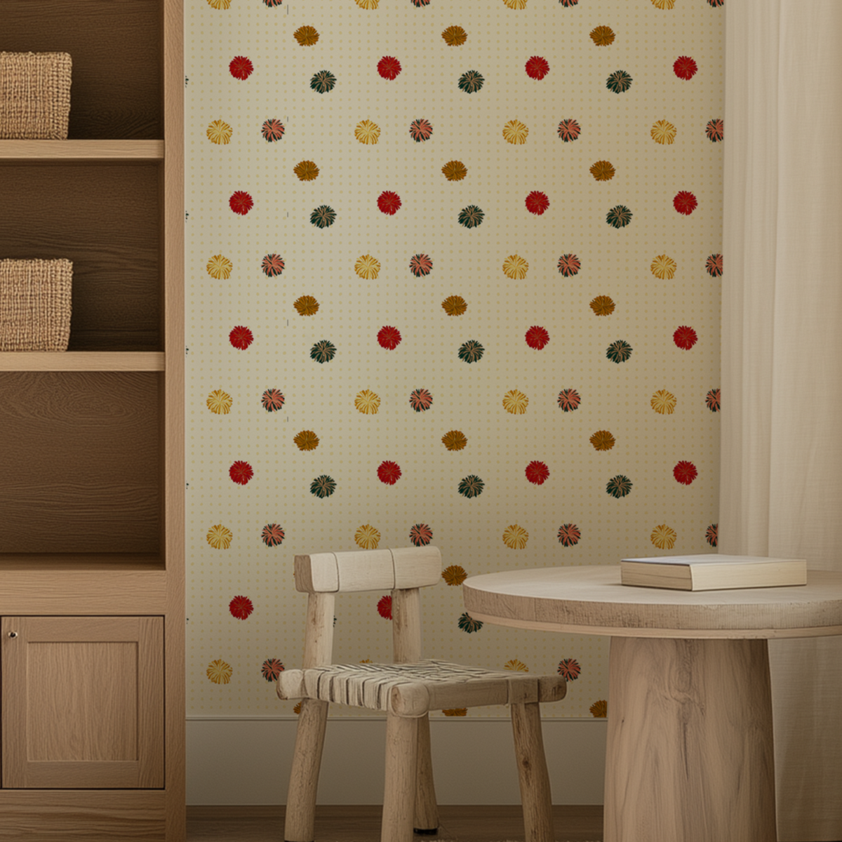 Colorful pom pom wallpaper with red yellow green and coral accents styled in a warm kids room