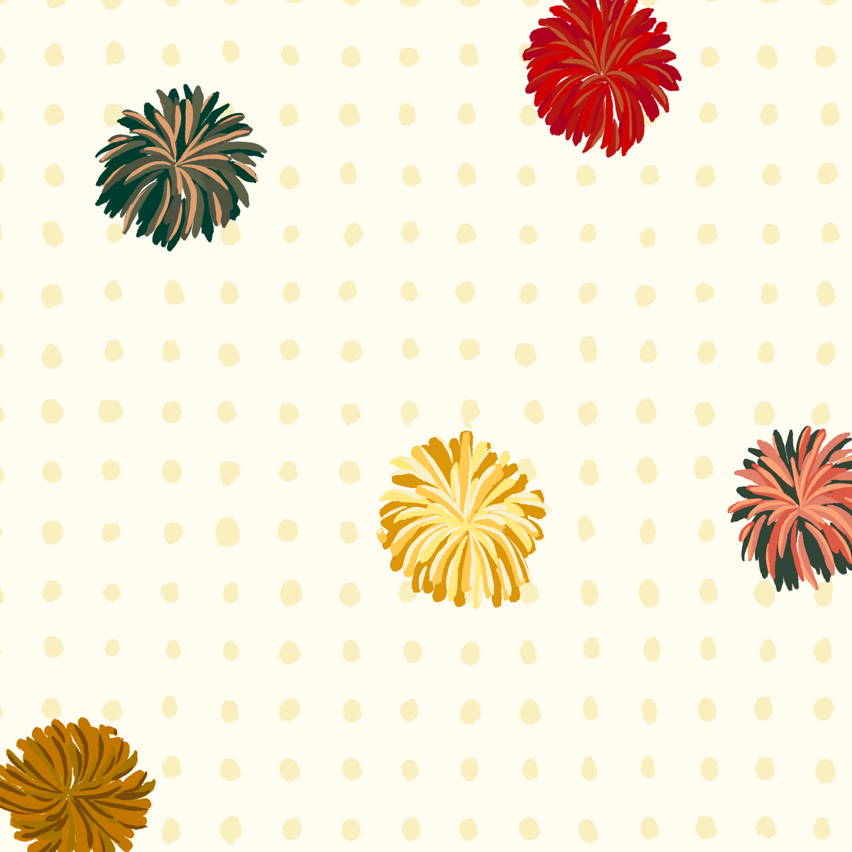 Close up of Pom Pom Wallpaper with colorful hand drawn pom poms and small yellow dots on a cream background