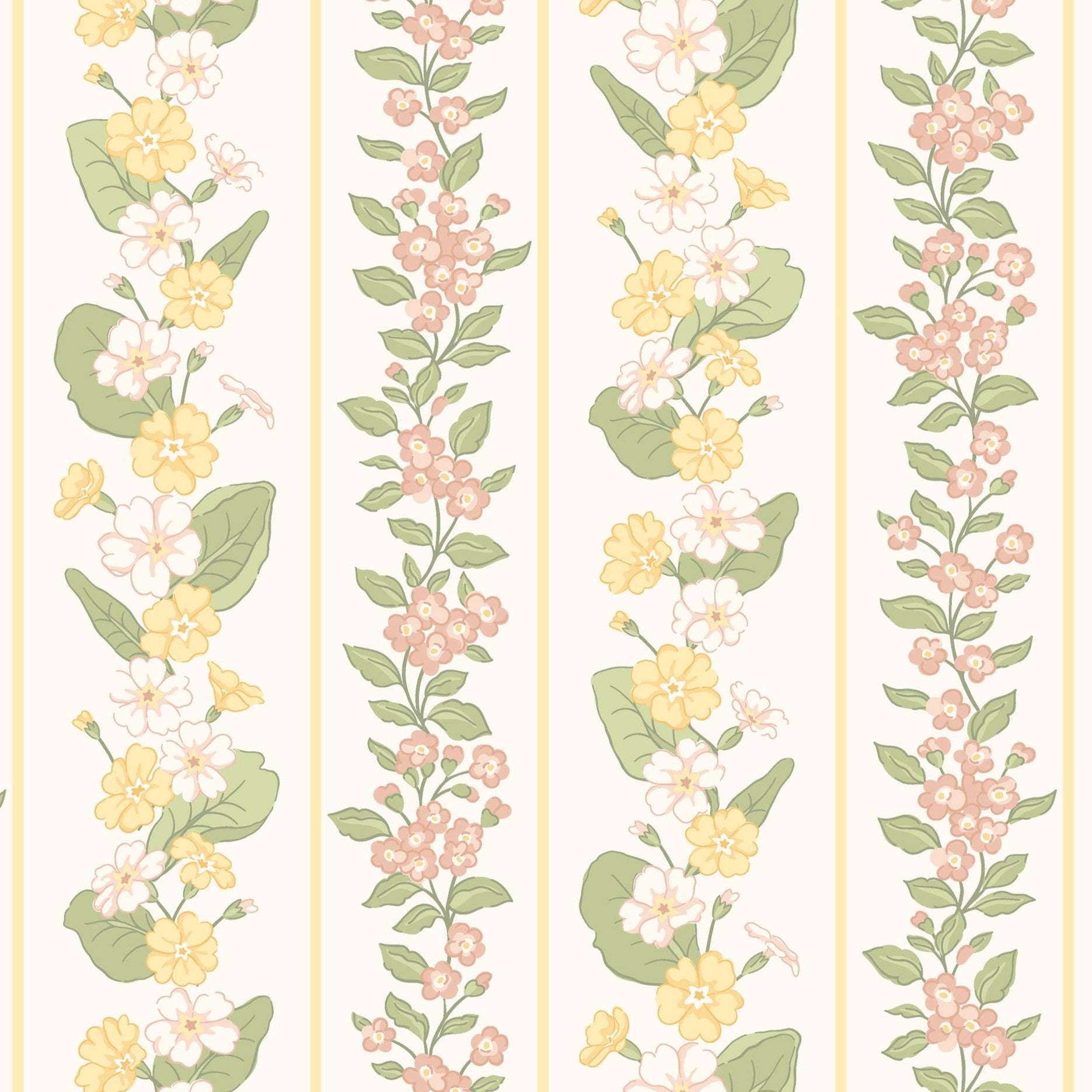 Repeating pattern of pink and yellow primroses in vertical floral stripe layout