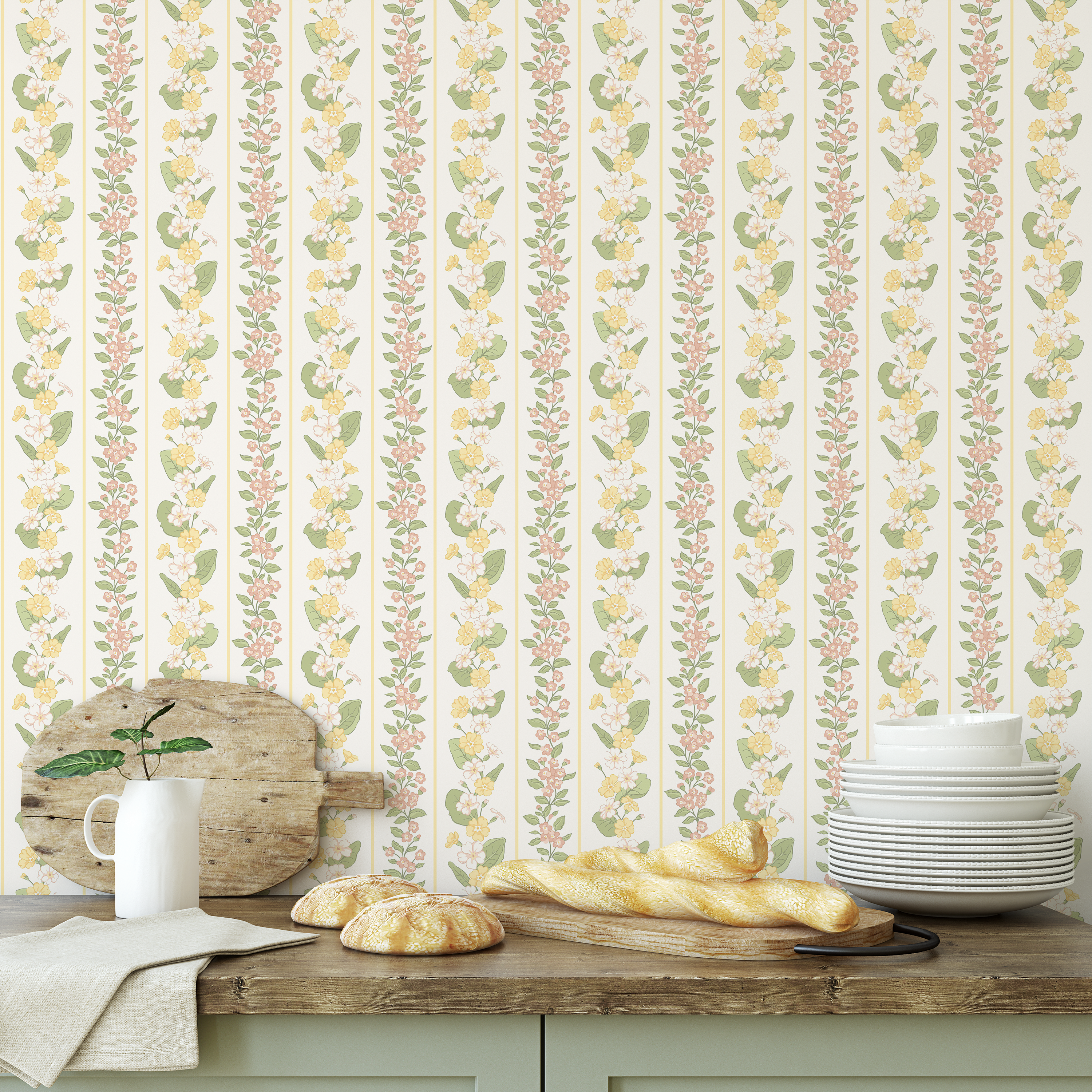 Primrose floral stripe wallpaper in vintage kitchen with baguettes and rustic decor