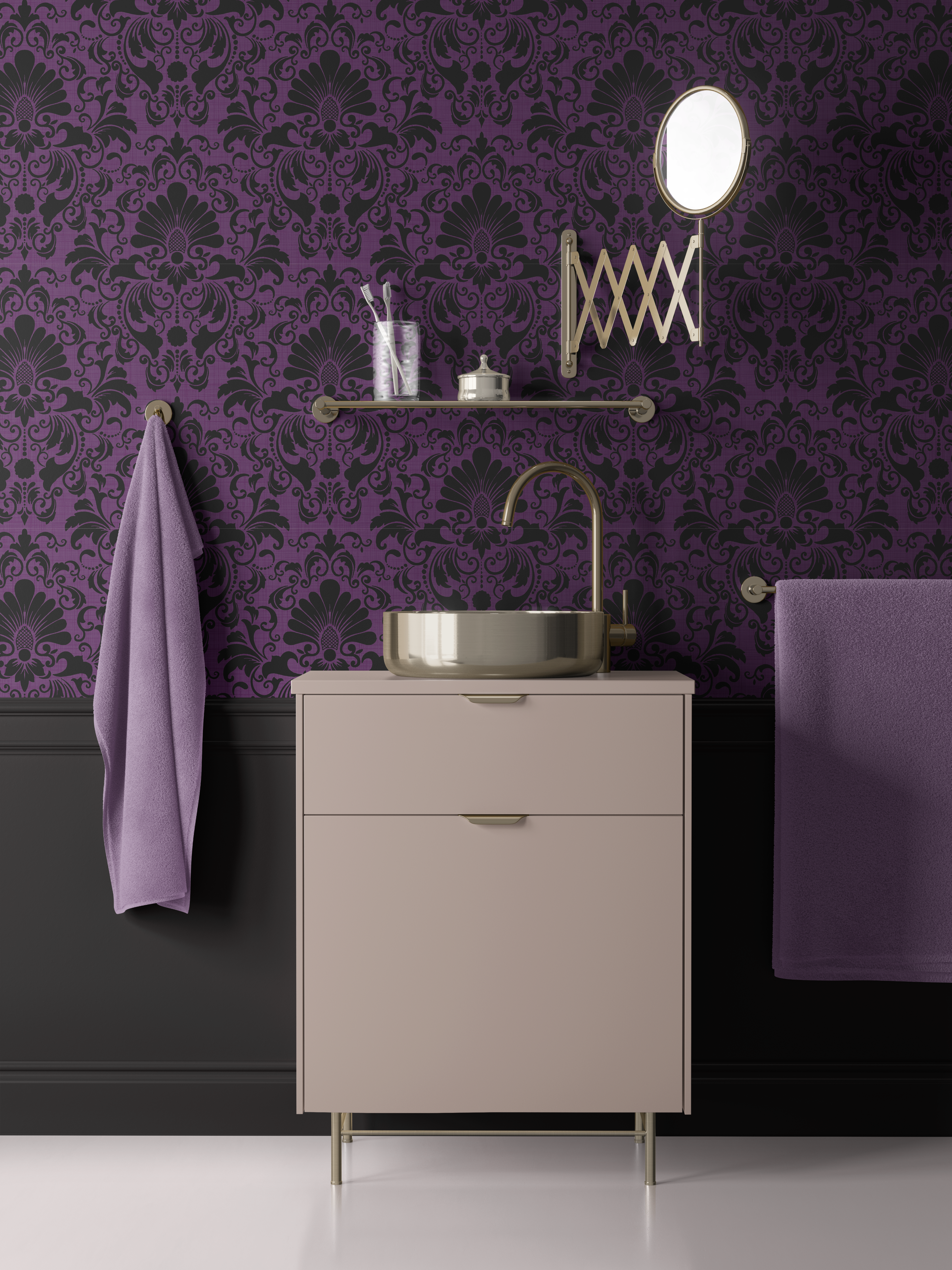 Purple and black damask wallpaper in bathroom with gold mirror and modern vanity, bold baroque wall design