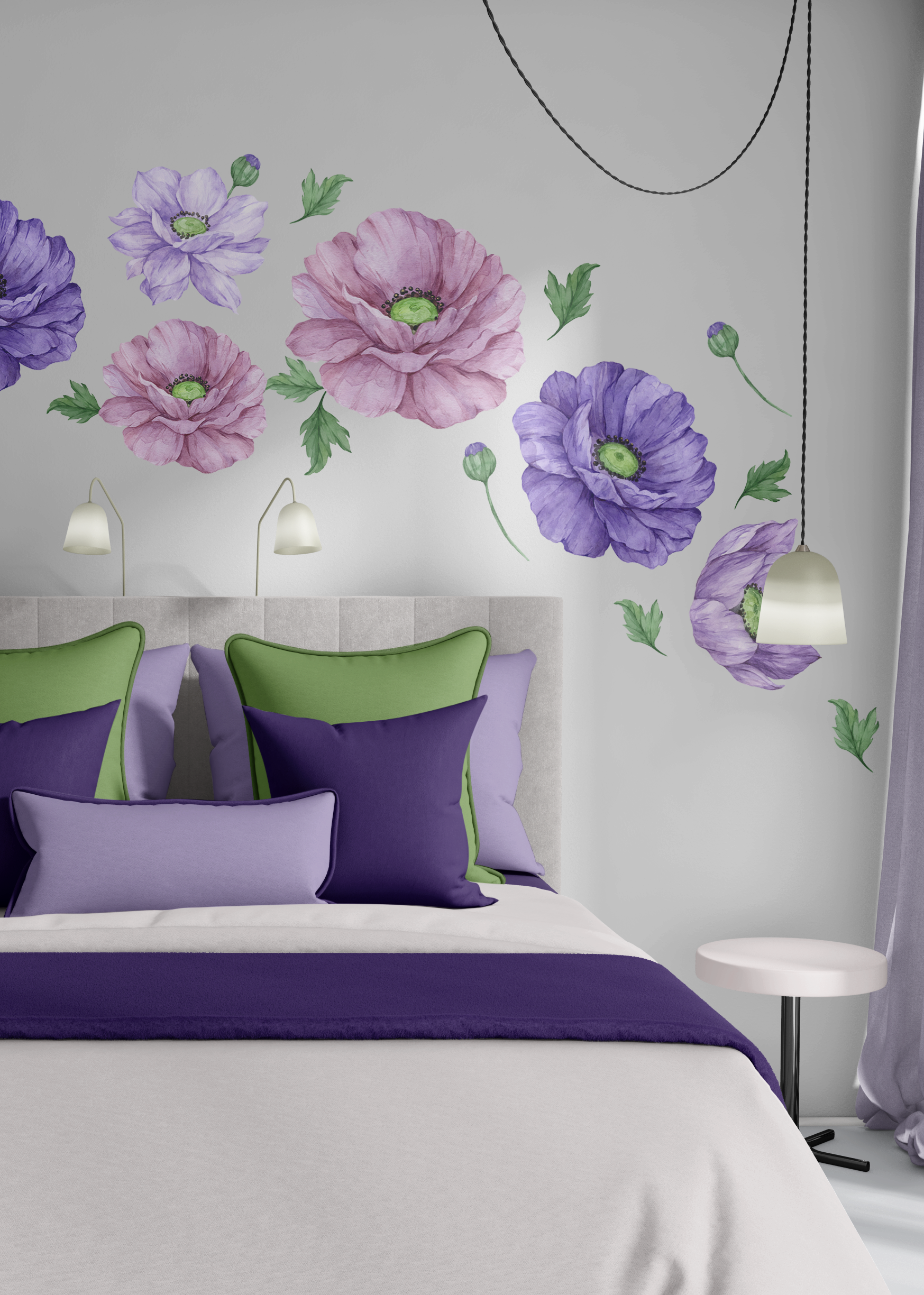Large Purple Bloom wall decals arranged in an arc above a modern bed