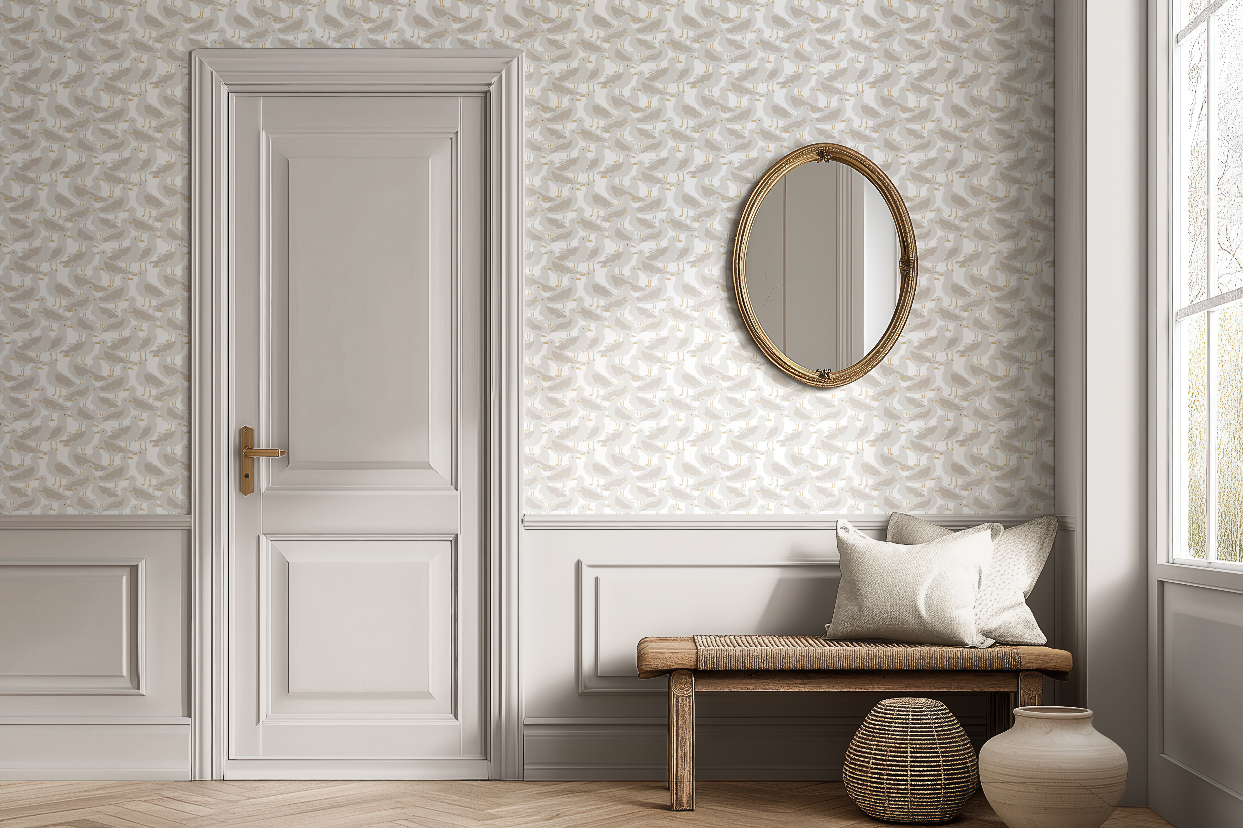 A styled interior room scene featuring a white paneled door with a gold handle, a wall-mounted oval gold-framed mirror, a woven bench with white pillows, and neutral decorative vases on a light wood floor.