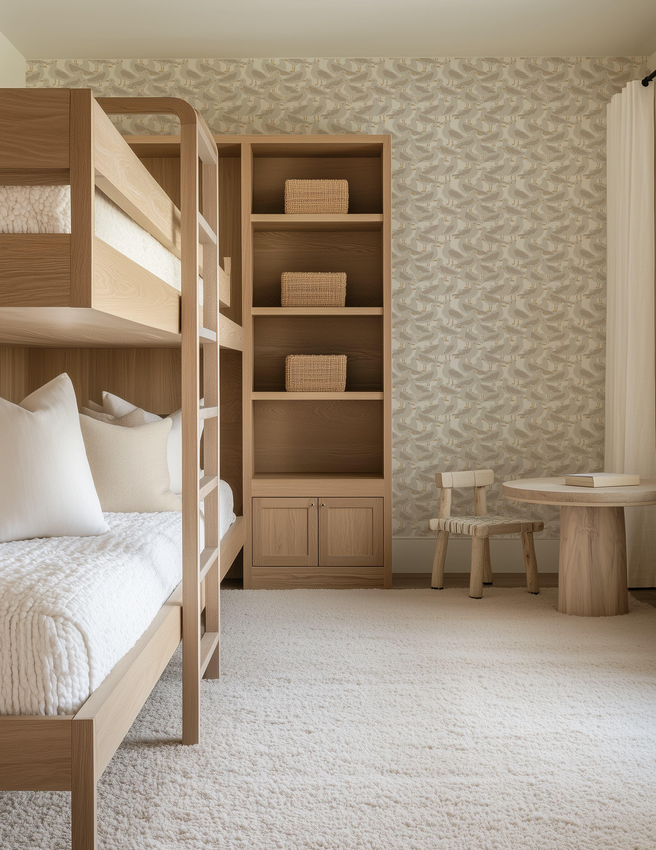 A styled children's bedroom featuring a light natural wood bunk bed on the left, a matching tall open shelving unit with woven baskets, a small wooden chair, and a round wooden table against a textured beige patterned wallpaper background.