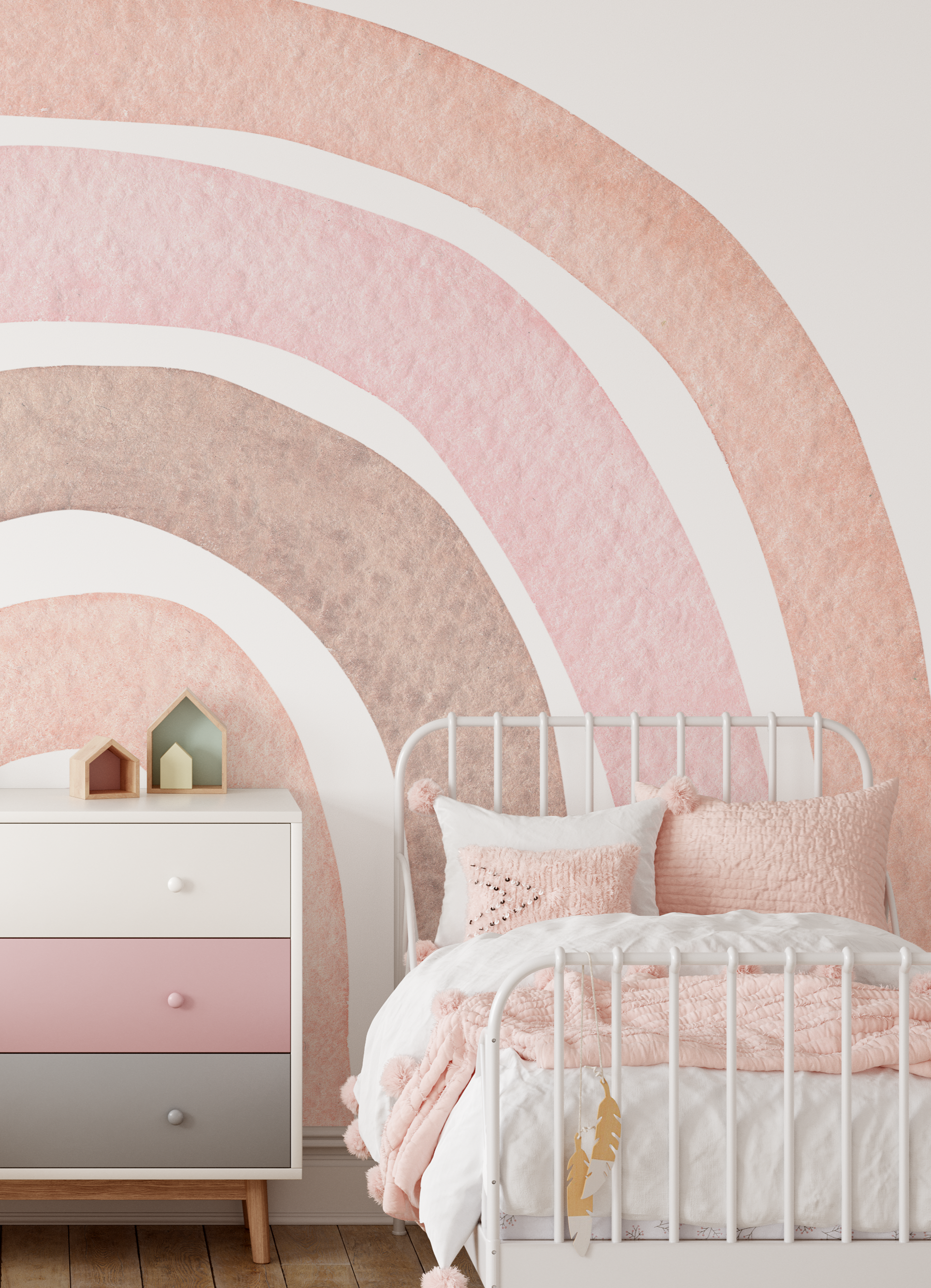 Boho Rainbow Wallpaper Mural in Soft Pink Tones