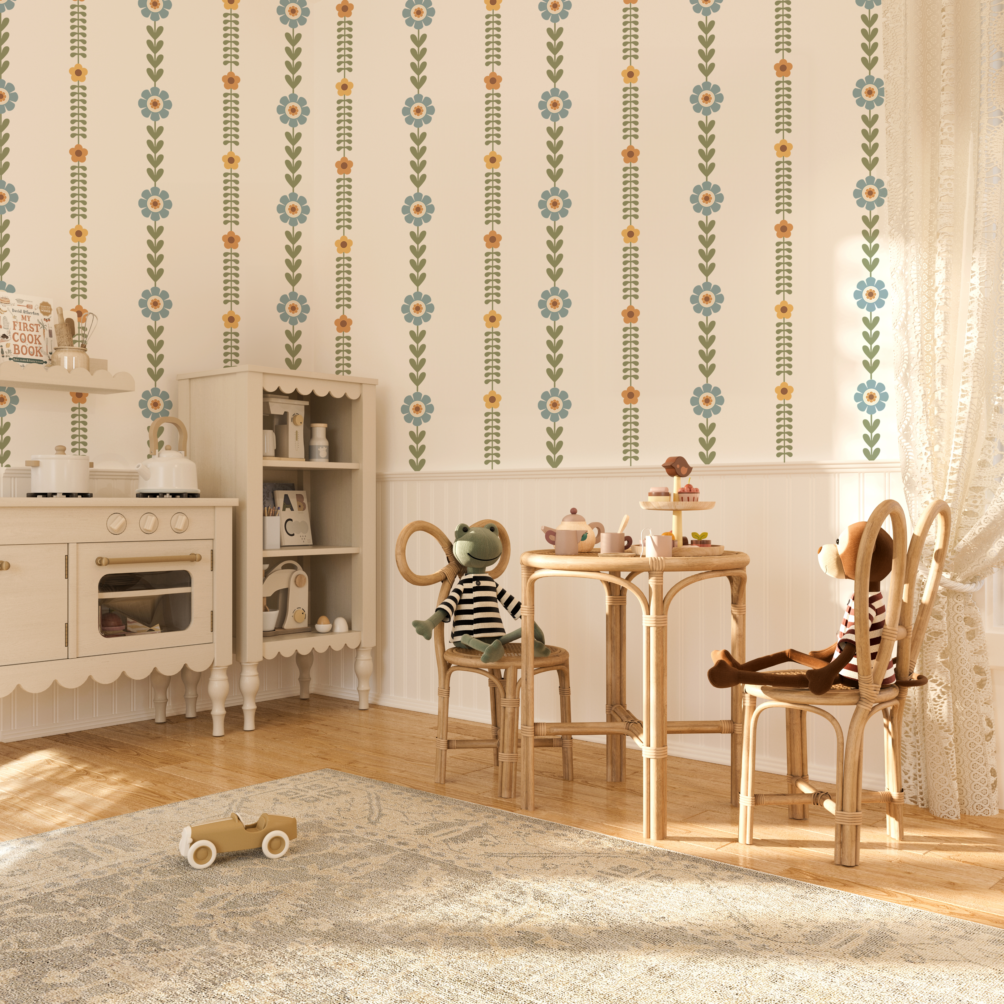Scandinavian floral stripe decals in a nursery with wooden table, chairs, and soft natural lighting